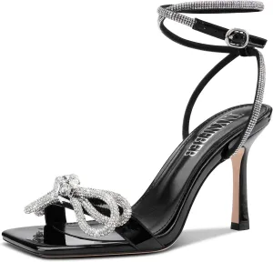 TNYNFBEB Womens Stiletto High Heel Open Square Toe Sandals Ankle Strap Two-Piece Buckle Rhinestone Crystal Bow-knot Prom Dress Summer 3.5 Inches Heels