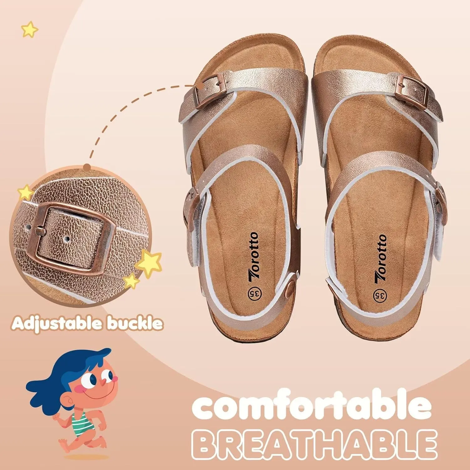 Torotto Girls Boys Sandals with Cork Footbed Adjustable Buckle Casual Slides Sandals Open Toes Flat for Kids Toddler