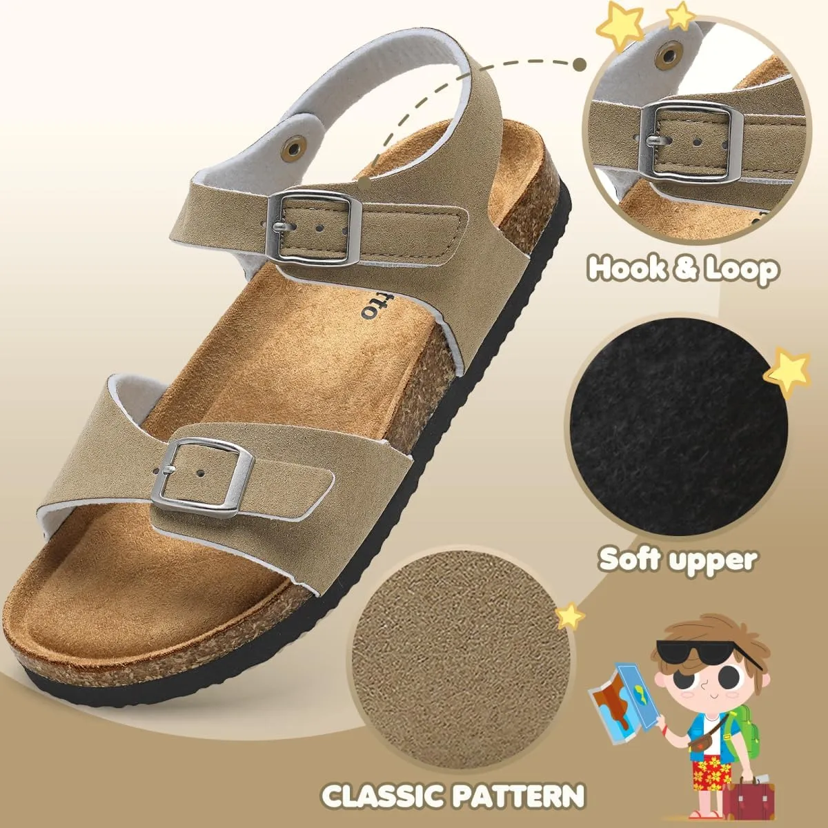 Torotto Girls Boys Sandals with Cork Footbed Adjustable Buckle Casual Slides Sandals Open Toes Flat for Kids Toddler