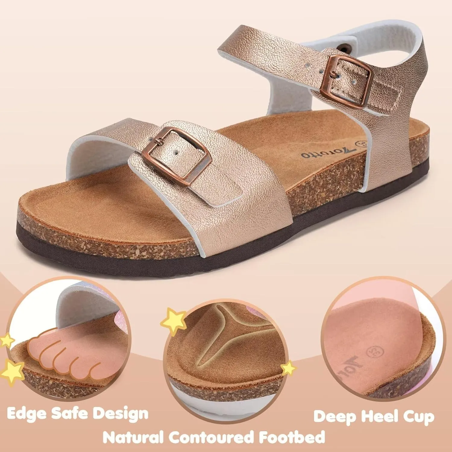 Torotto Girls Boys Sandals with Cork Footbed Adjustable Buckle Casual Slides Sandals Open Toes Flat for Kids Toddler