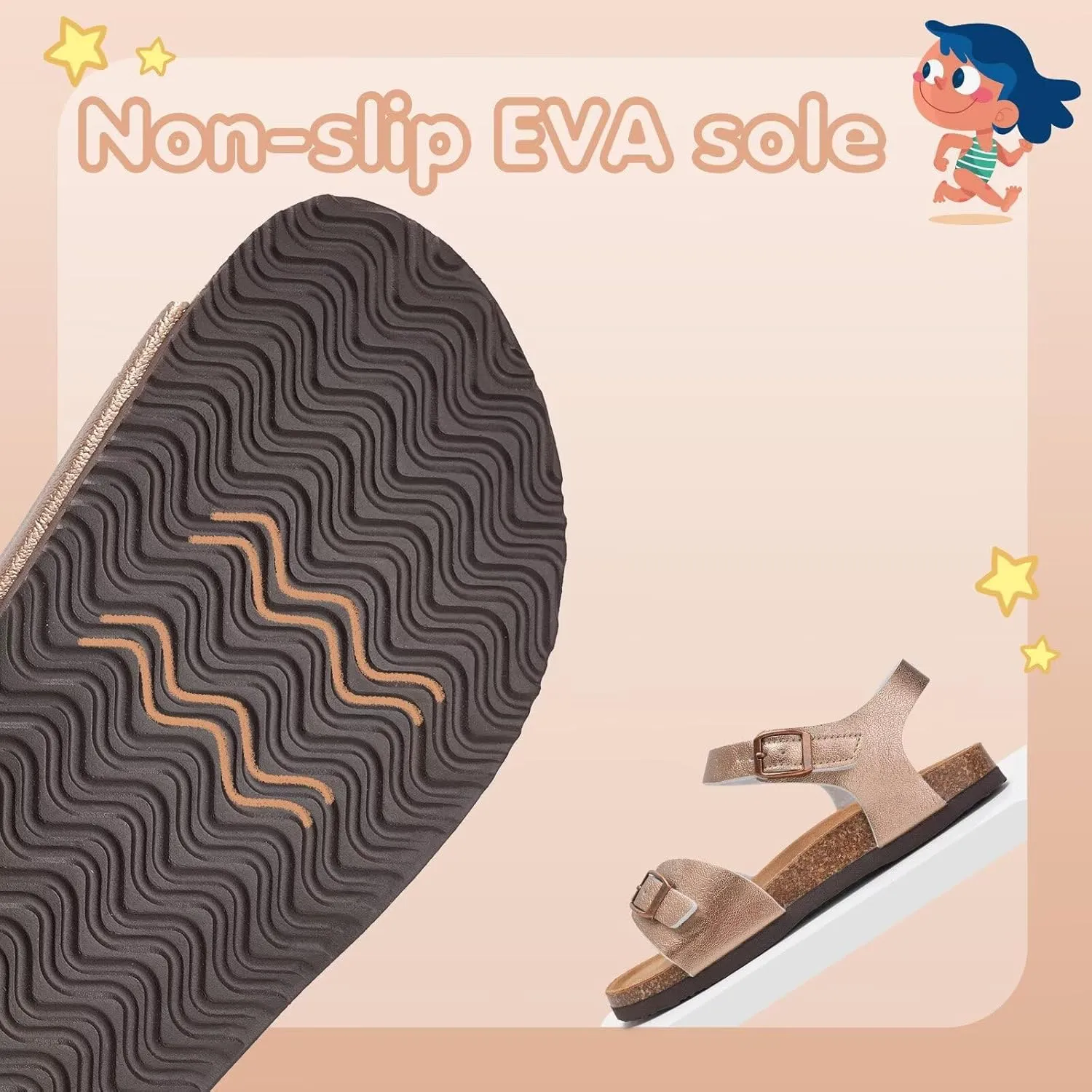 Torotto Girls Boys Sandals with Cork Footbed Adjustable Buckle Casual Slides Sandals Open Toes Flat for Kids Toddler
