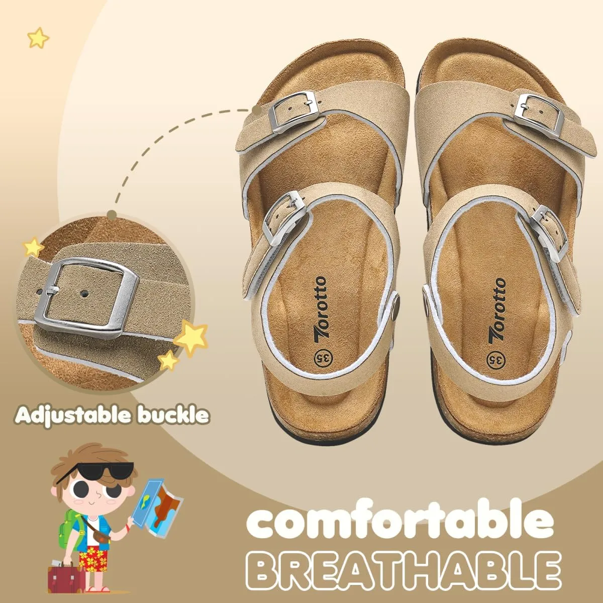 Torotto Girls Boys Sandals with Cork Footbed Adjustable Buckle Casual Slides Sandals Open Toes Flat for Kids Toddler