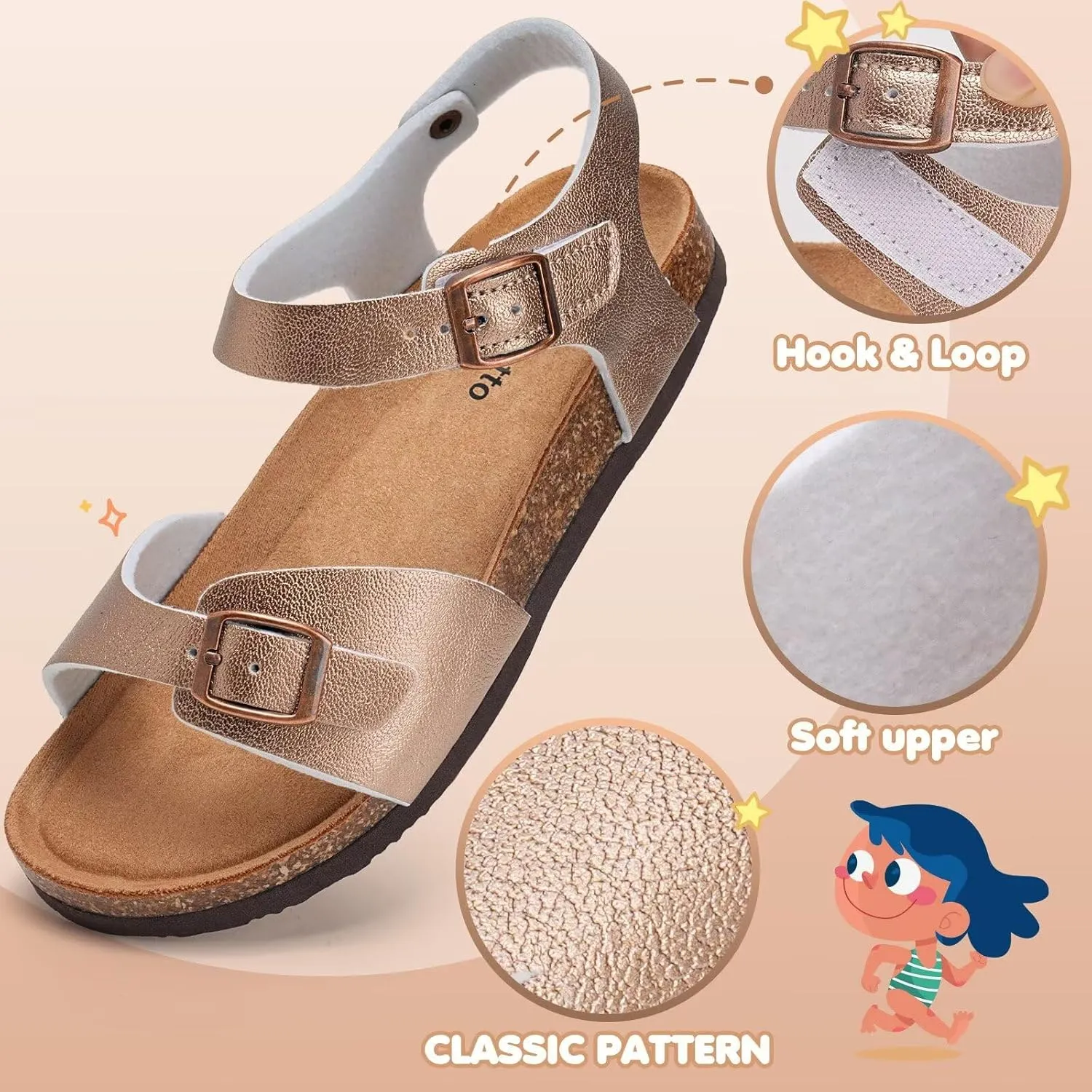 Torotto Girls Boys Sandals with Cork Footbed Adjustable Buckle Casual Slides Sandals Open Toes Flat for Kids Toddler