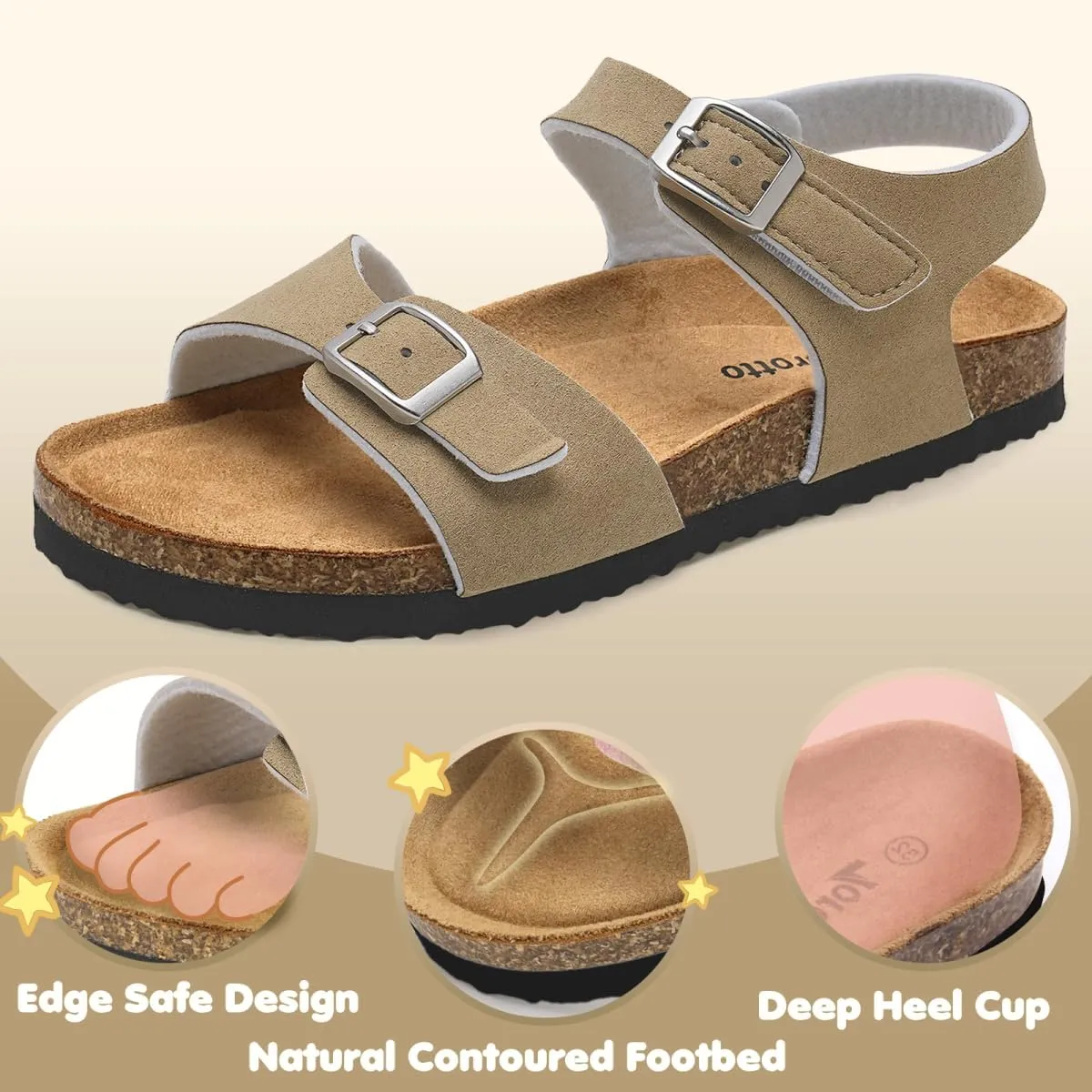 Torotto Girls Boys Sandals with Cork Footbed Adjustable Buckle Casual Slides Sandals Open Toes Flat for Kids Toddler
