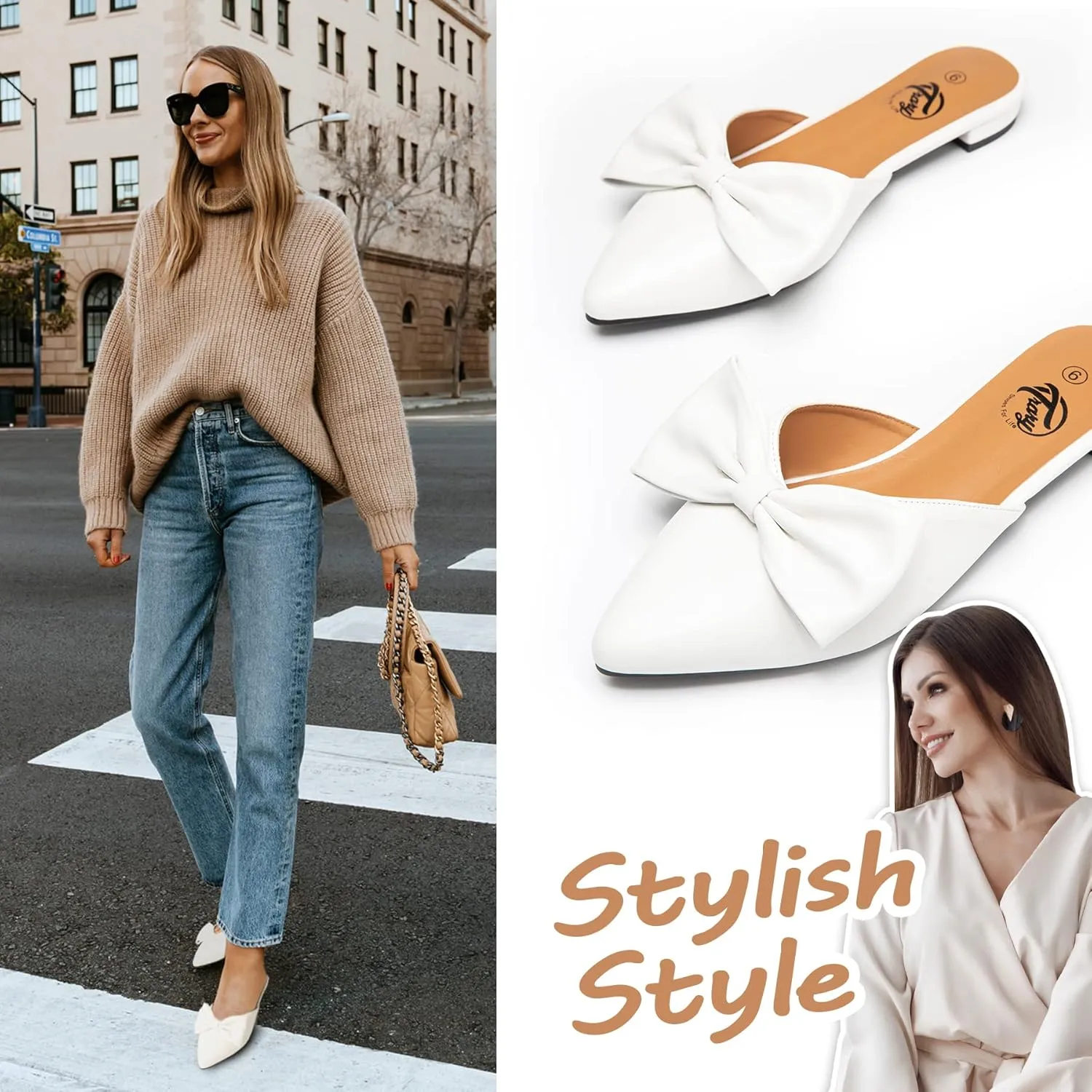 Trary Mules for Women Flats, Pointed Toe Womens Mules with Heels, Black Mules Shoes for Women, Bow Mules Women's Flats, Slip On Flats Flat Mules, Backless Loafers for Women, Women's Mules & Clogs