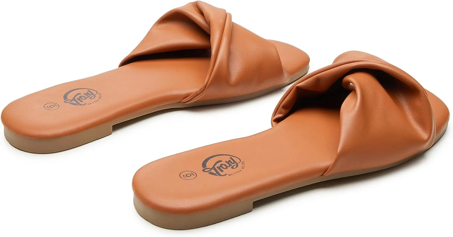 Trary Sandals Women,Leather Slides Women Comfortable Memory Foam Sandals for Women Footwear,Fashion Flat Summer Sandals for Women 2025