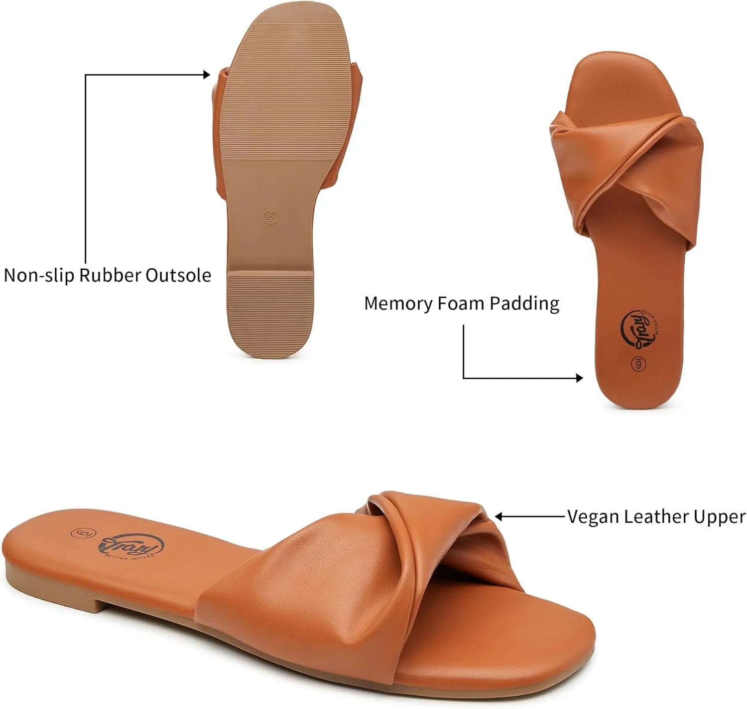 Trary Sandals Women,Leather Slides Women Comfortable Memory Foam Sandals for Women Footwear,Fashion Flat Summer Sandals for Women 2025