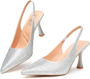 Trary Slingback Heels for Women - Pointed Toe Pumps, Comfortable & Stylish for Parties & Work - 3.2inch High Heels, Rhinestone & Glitter Dressy Shoes