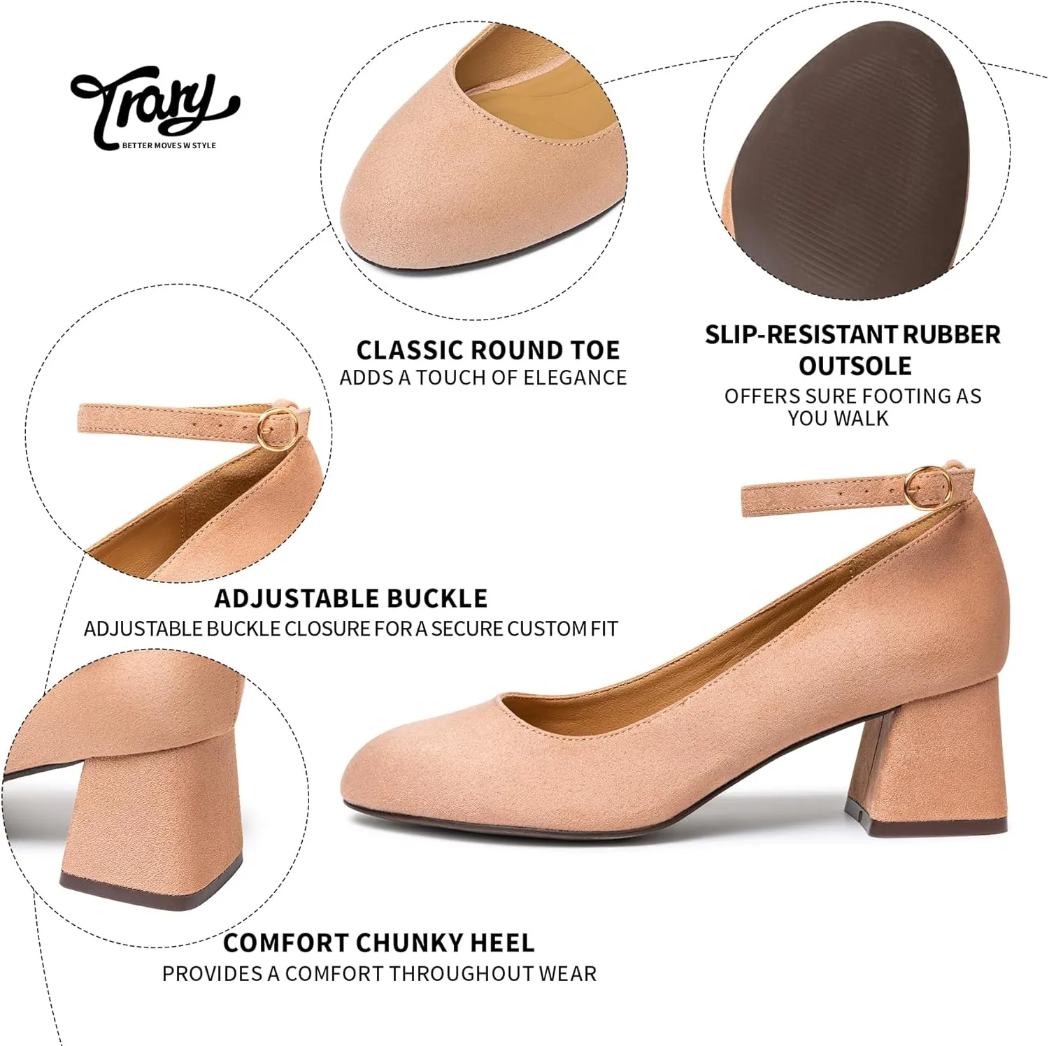 Trary Women's Chunky Low Heels Closed Round Toe Block Heels Mary Jane Shoes Adjustable Ankle Strap Pumps Comfortable Loafers Casual Dress Wedding Work Heels for Women