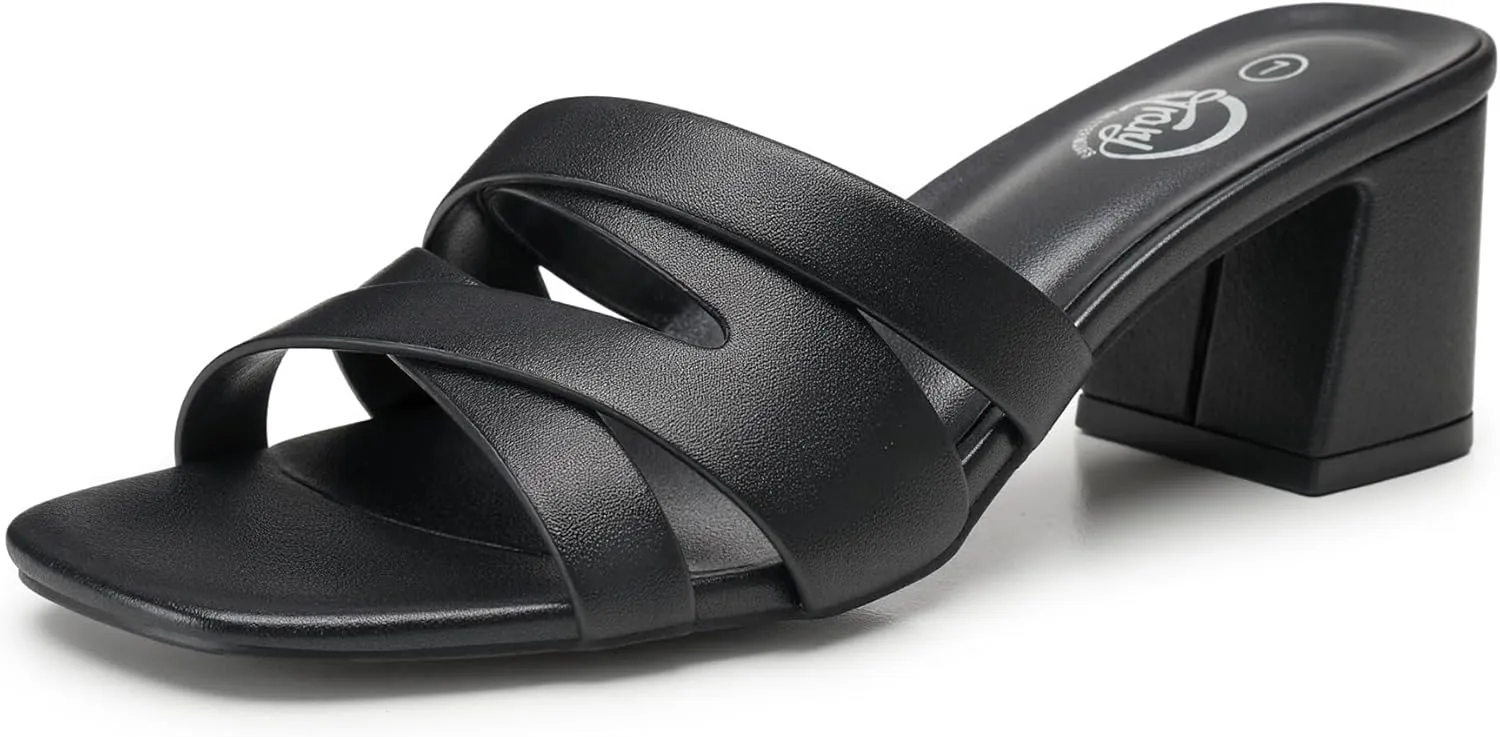 Trary Women's Sandals, Square Toe Heels Sandals, 2inch Black White Nude Chunky Block Heels Sandals