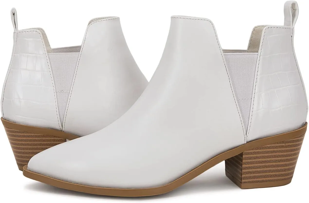 Trish Lucia Womens Ankle Boots Pointed Toe Stacked Chunky Heel Slip on Chelsea Short Booties