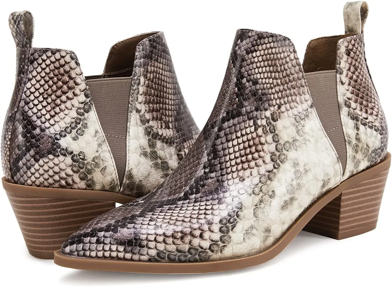 Trish Lucia Womens Ankle Boots Pointed Toe Stacked Chunky Heel Slip on Chelsea Short Booties