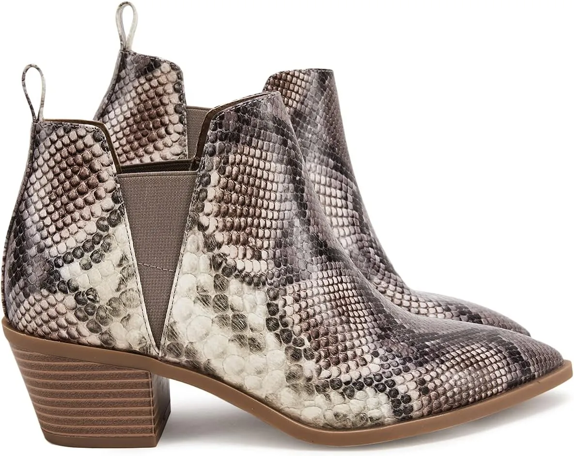 Trish Lucia Womens Ankle Boots Pointed Toe Stacked Chunky Heel Slip on Chelsea Short Booties