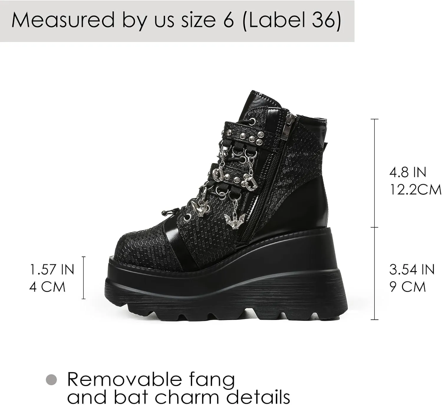Tscoyuki Goth Platform Ankle Boots for Women - Bat Buckle Straps Rave Boots Zip Round Toe Combat Boots Womens Chunky Wedges High Heels Moto Booties