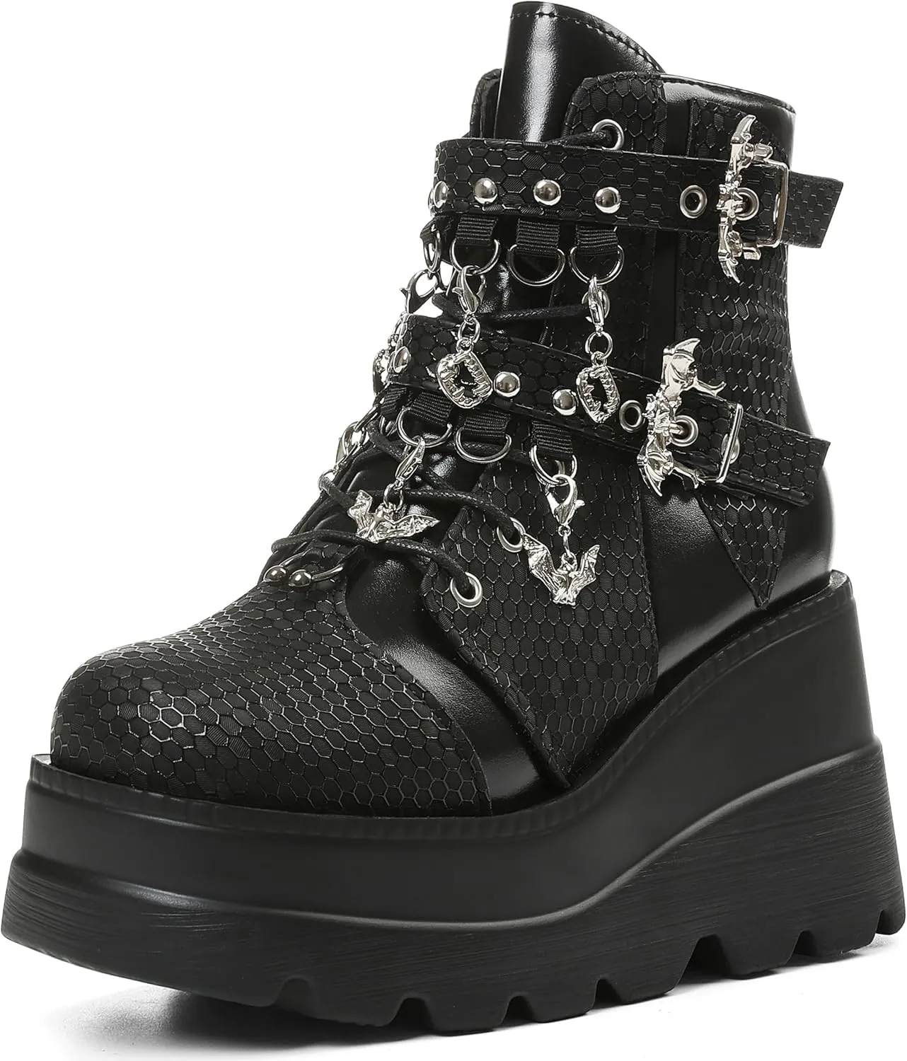 Tscoyuki Goth Platform Ankle Boots for Women - Bat Buckle Straps Rave Boots Zip Round Toe Combat Boots Womens Chunky Wedges High Heels Moto Booties