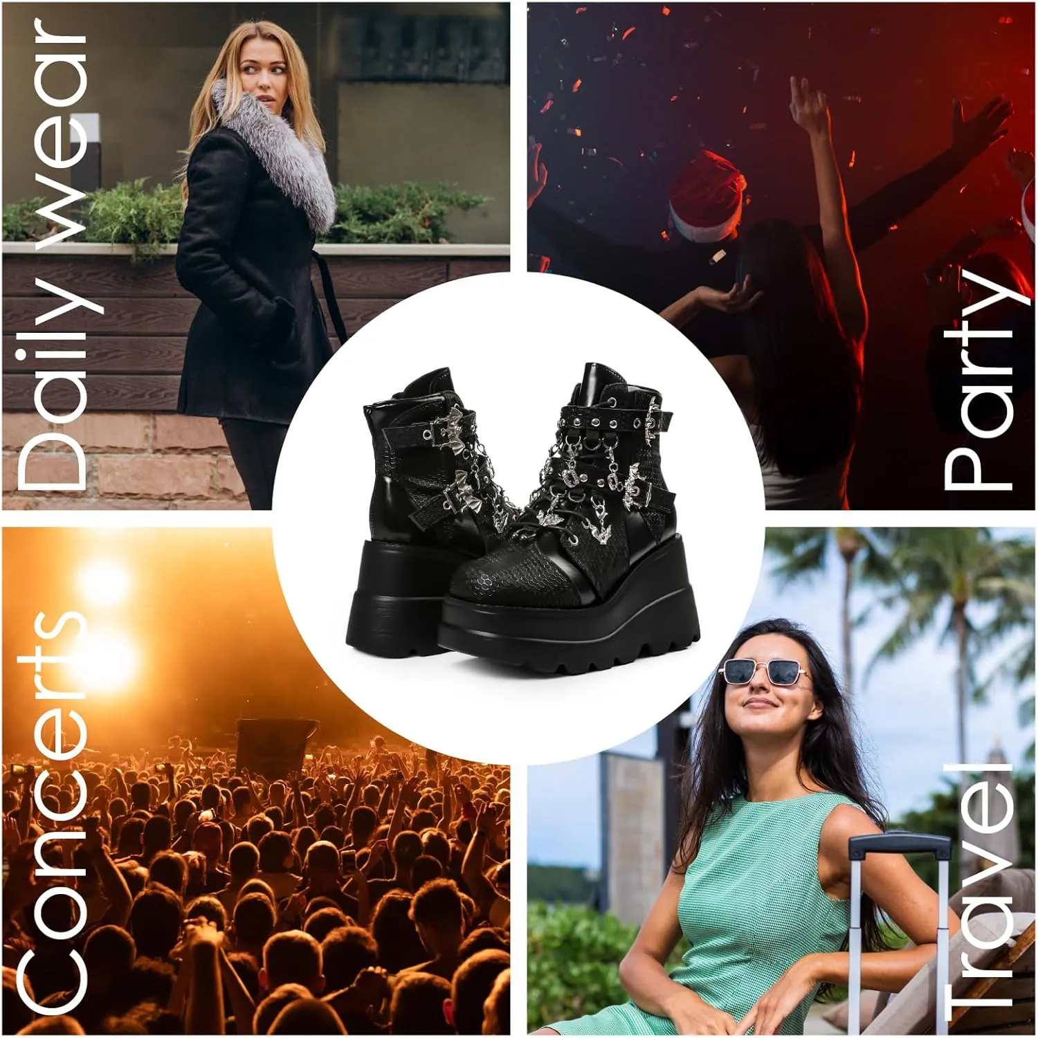Tscoyuki Goth Platform Ankle Boots for Women - Bat Buckle Straps Rave Boots Zip Round Toe Combat Boots Womens Chunky Wedges High Heels Moto Booties