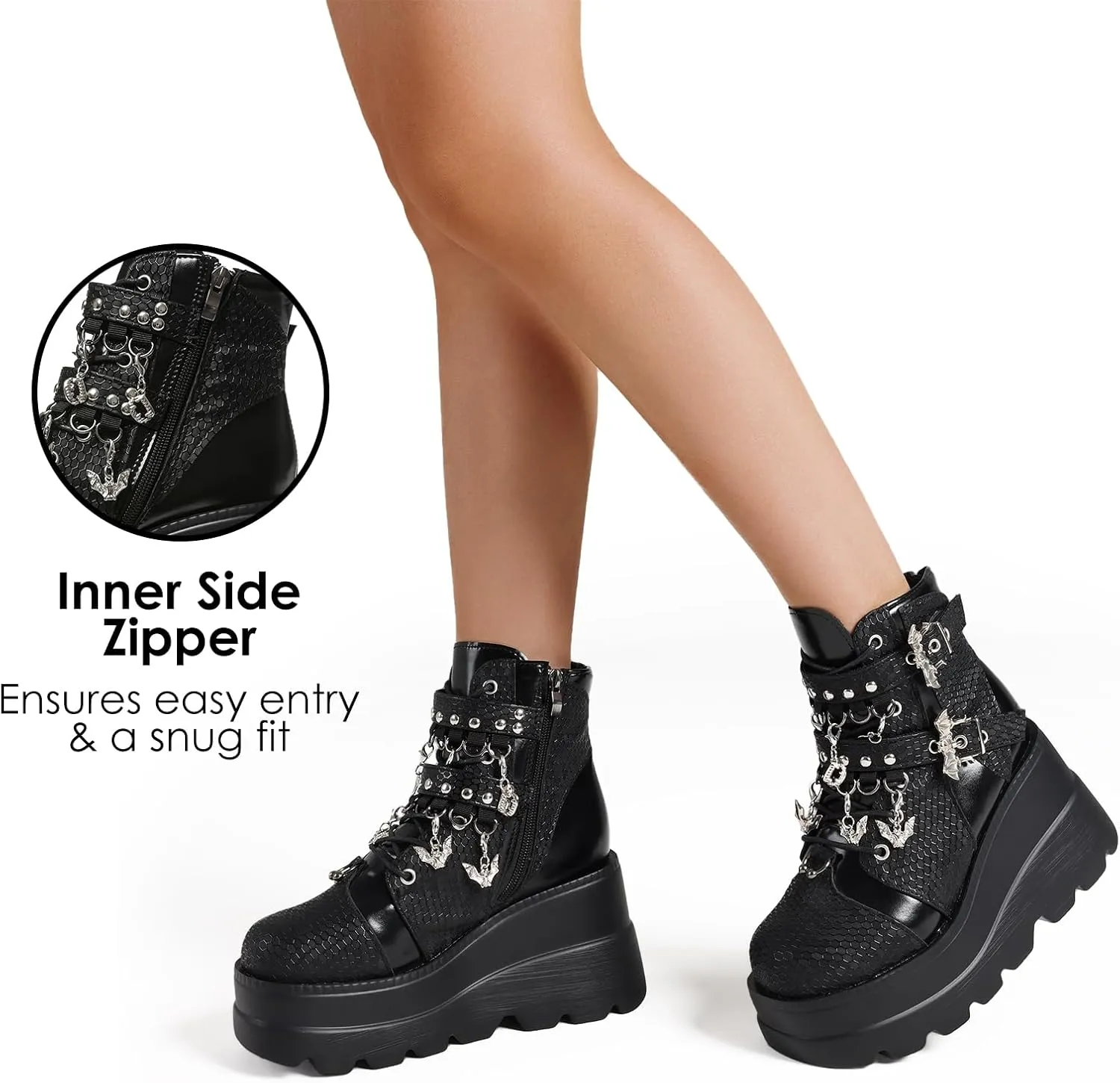Tscoyuki Goth Platform Ankle Boots for Women - Bat Buckle Straps Rave Boots Zip Round Toe Combat Boots Womens Chunky Wedges High Heels Moto Booties