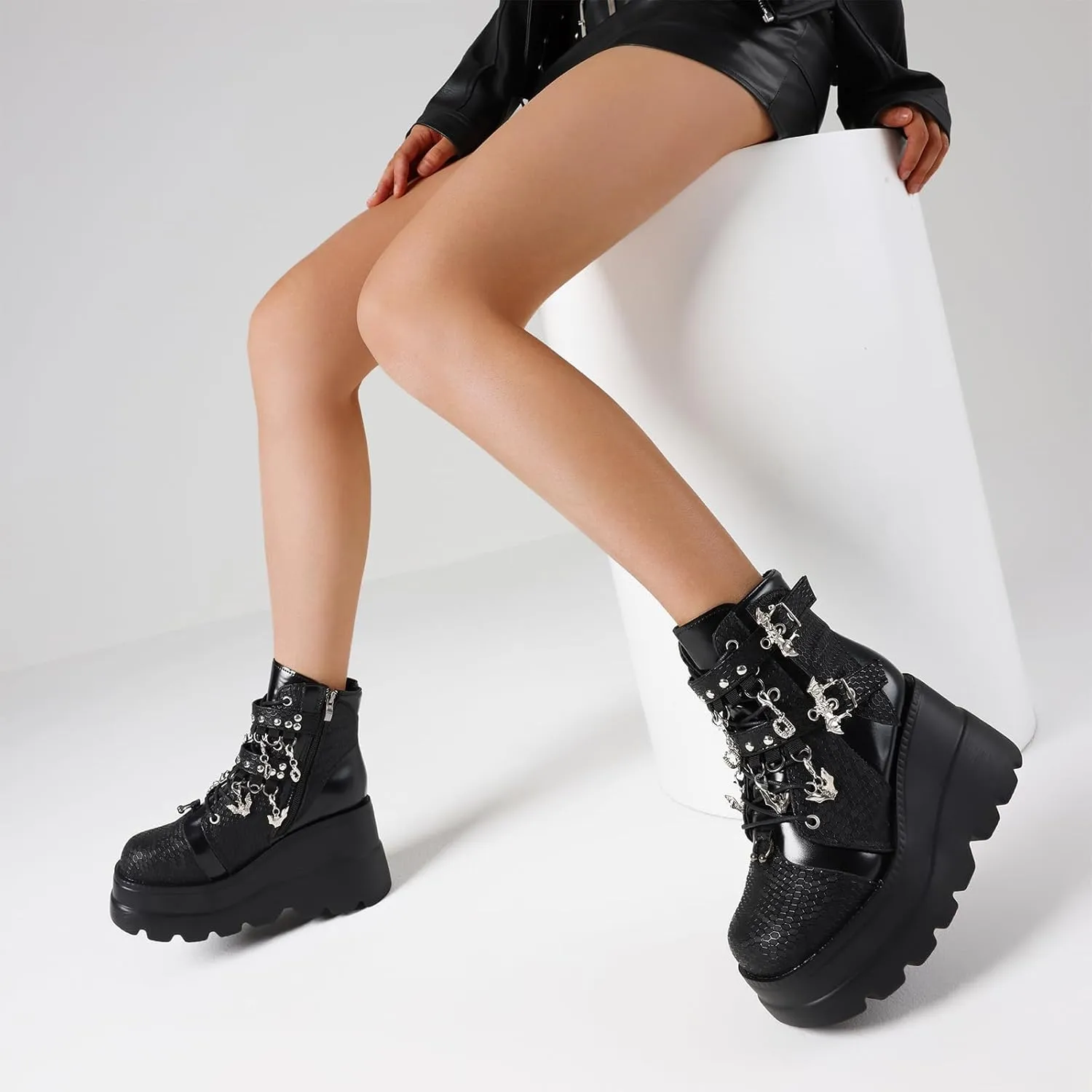 Tscoyuki Goth Platform Ankle Boots for Women - Bat Buckle Straps Rave Boots Zip Round Toe Combat Boots Womens Chunky Wedges High Heels Moto Booties