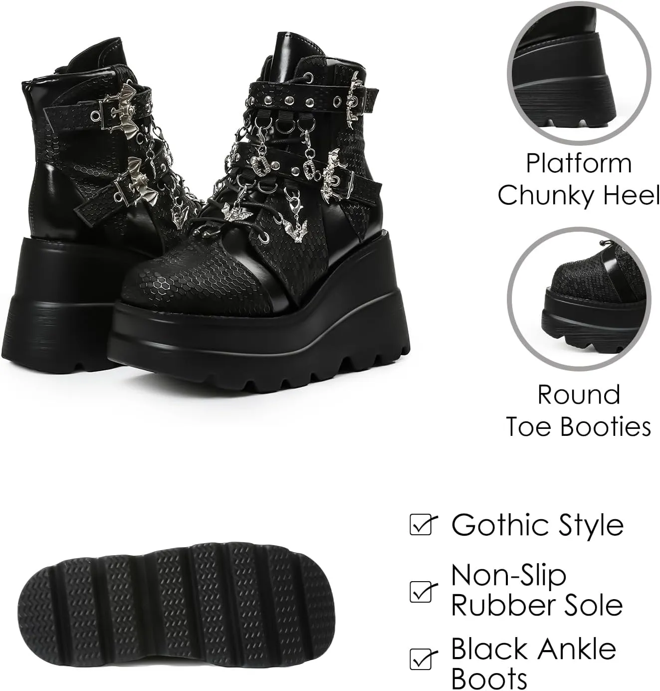 Tscoyuki Goth Platform Ankle Boots for Women - Bat Buckle Straps Rave Boots Zip Round Toe Combat Boots Womens Chunky Wedges High Heels Moto Booties