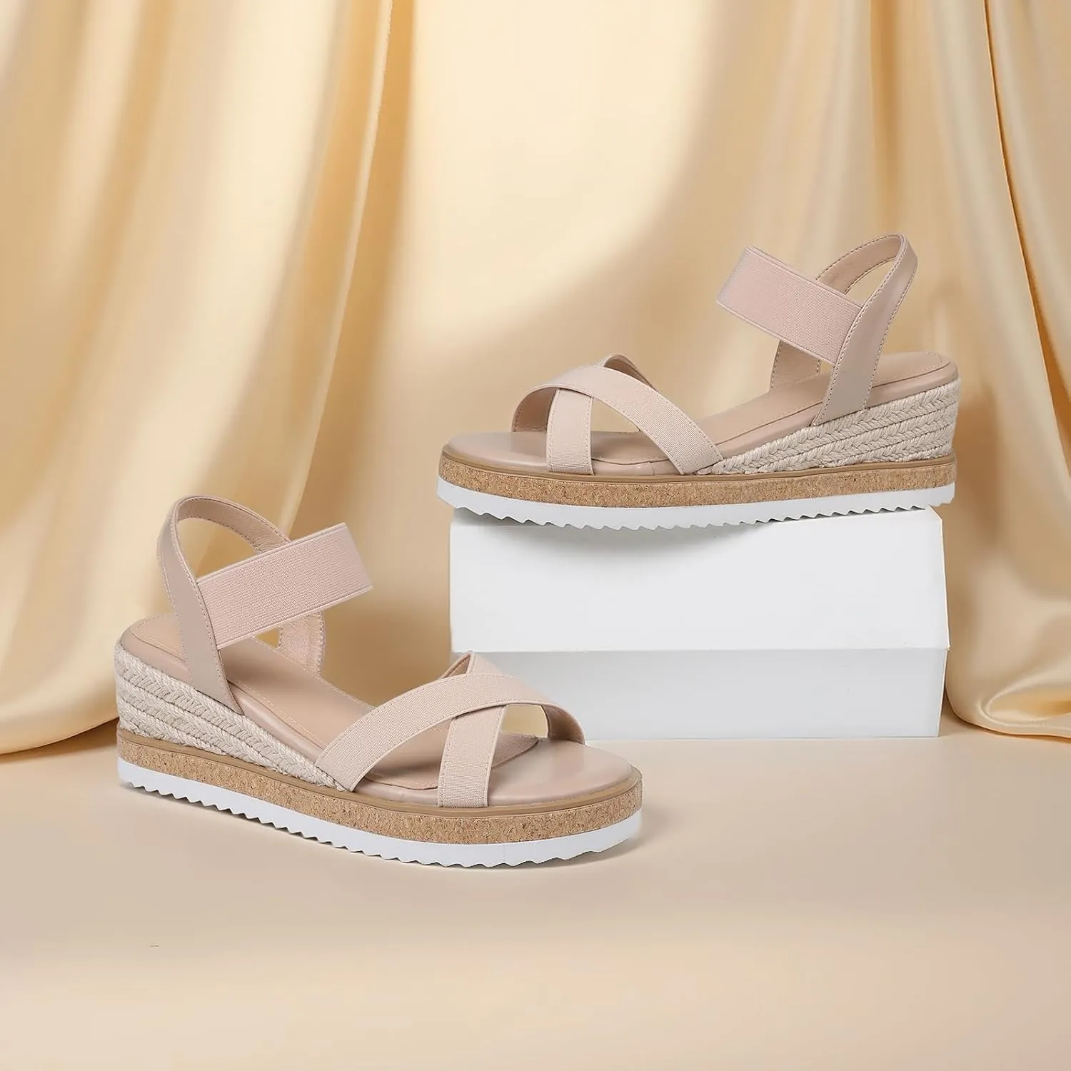 Tscoyuki Wedge Sandals for Women, Comfortable Slip On Open Toe Wedges Heels Dressy Elastic Ankle Strap Espadrilles Sandals