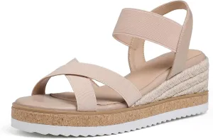 Tscoyuki Wedge Sandals for Women, Comfortable Slip On Open Toe Wedges Heels Dressy Elastic Ankle Strap Espadrilles Sandals