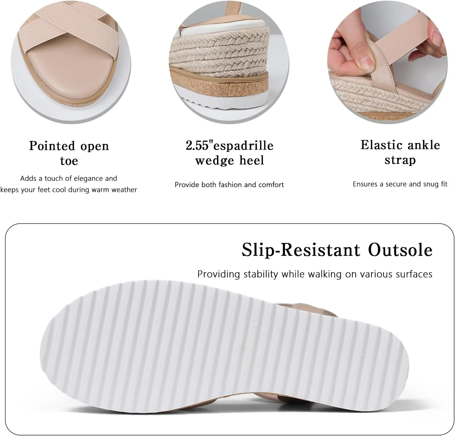 Tscoyuki Wedge Sandals for Women, Comfortable Slip On Open Toe Wedges Heels Dressy Elastic Ankle Strap Espadrilles Sandals