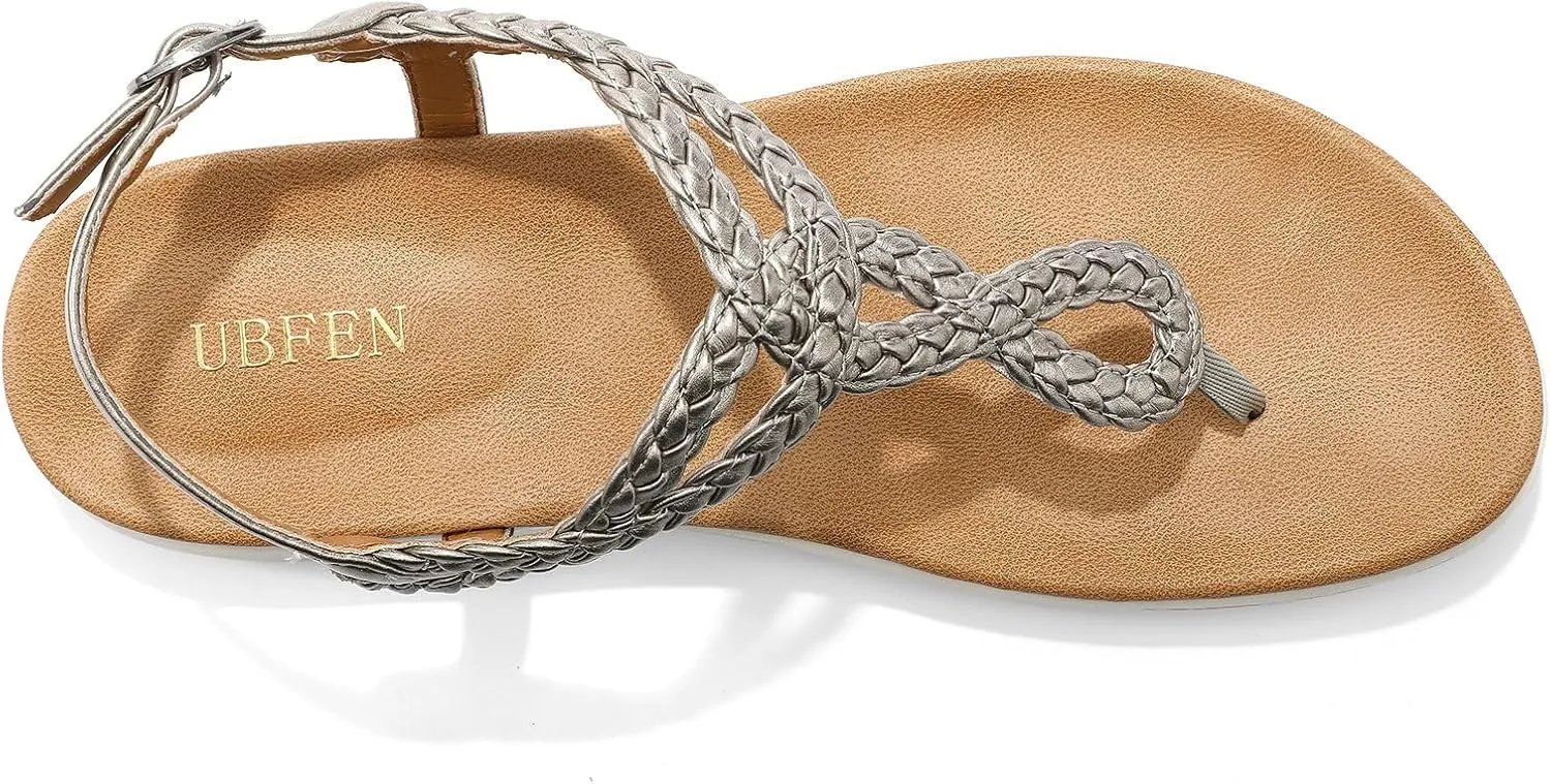 UBFEN Womens Flat Sandals Dress Braided T-Strap Thong Sandals with Arch Support Comfortable for Walking