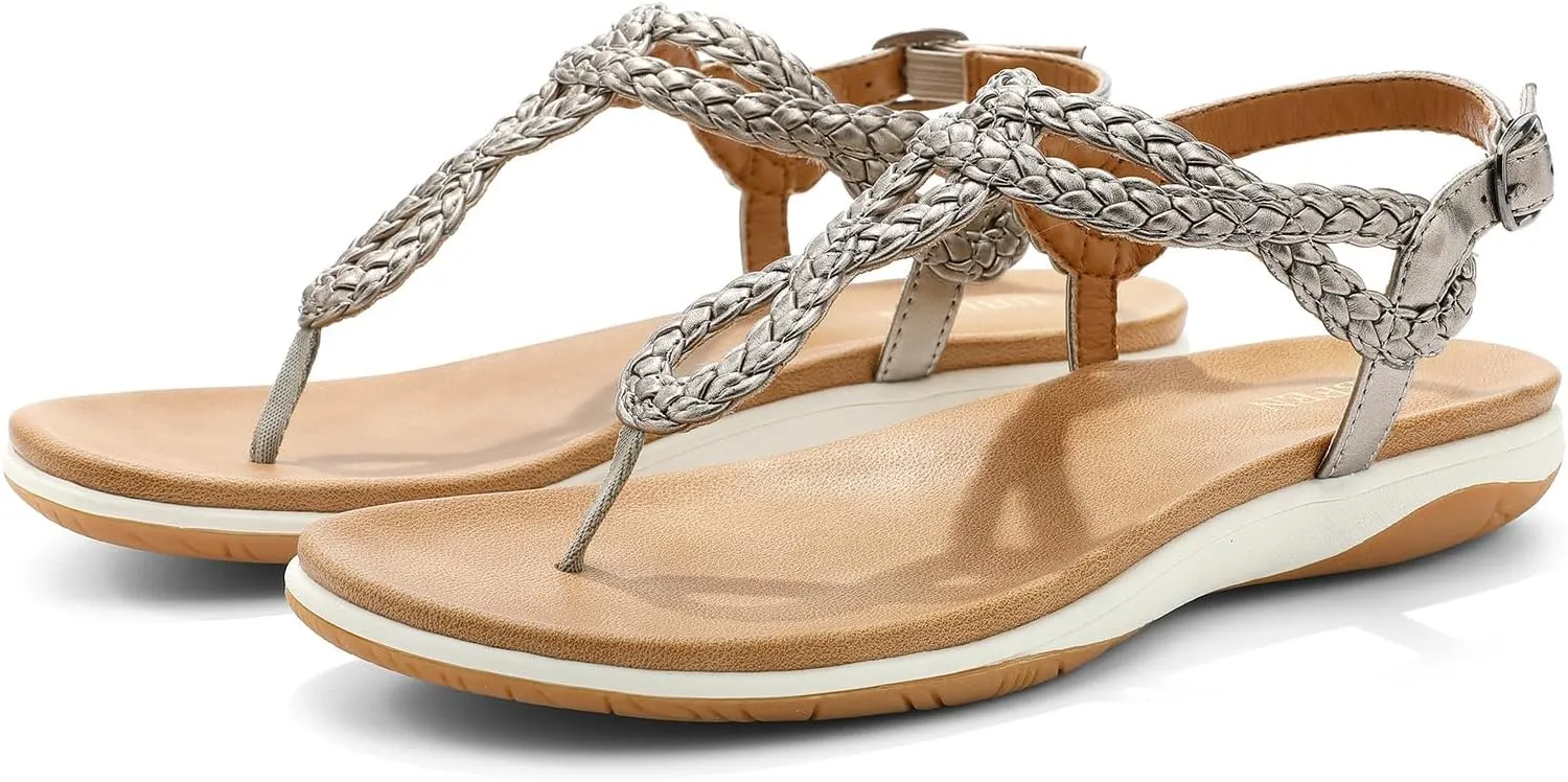 UBFEN Womens Flat Sandals Dress Braided T-Strap Thong Sandals with Arch Support Comfortable for Walking