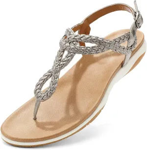 UBFEN Womens Flat Sandals Dress Braided T-Strap Thong Sandals with Arch Support Comfortable for Walking