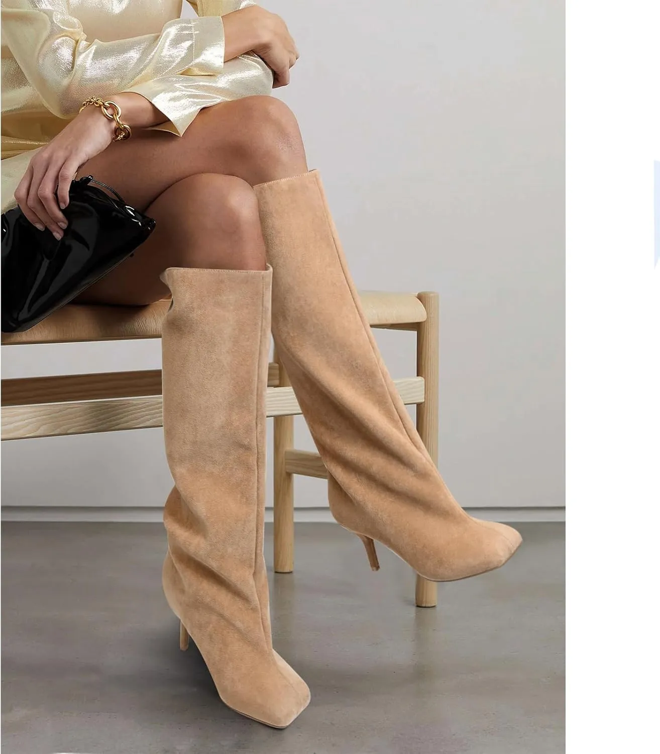 UBWDU Women's Suede Knee High Boots Square Toe Stiletto Heels Wide Calf Tall Boots