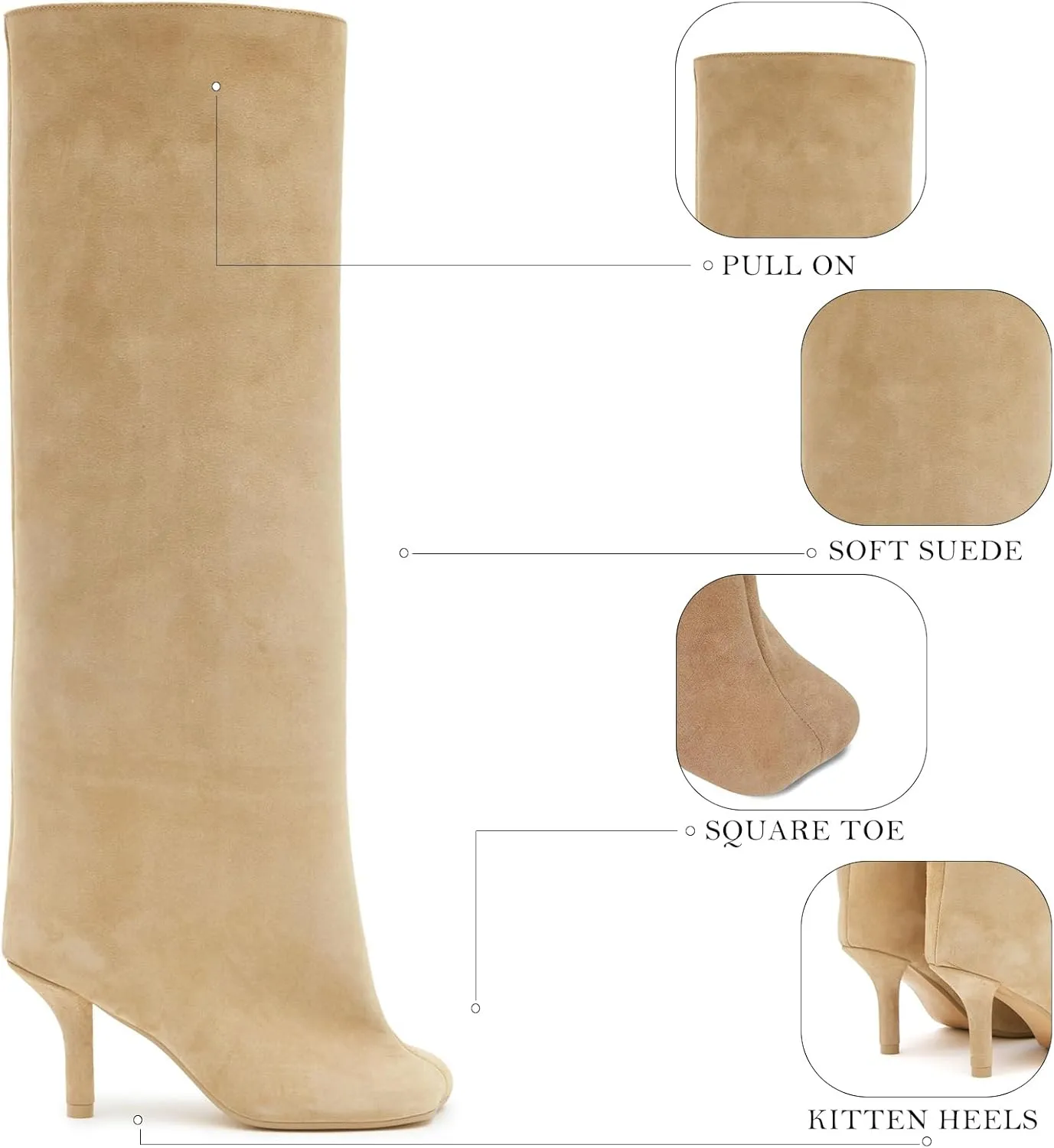 UBWDU Women's Suede Knee High Boots Square Toe Stiletto Heels Wide Calf Tall Boots