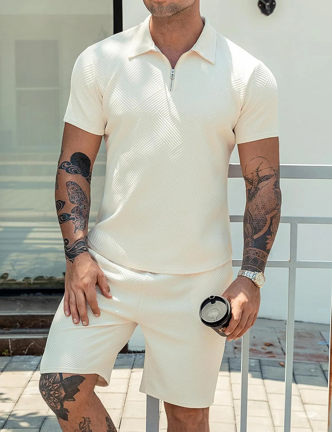 URRU Men's Polo Shirt and Shorts Set Summer Outfits Fashion Casual Short Sleeve Polo Suit for Men 2 Piece Short Set