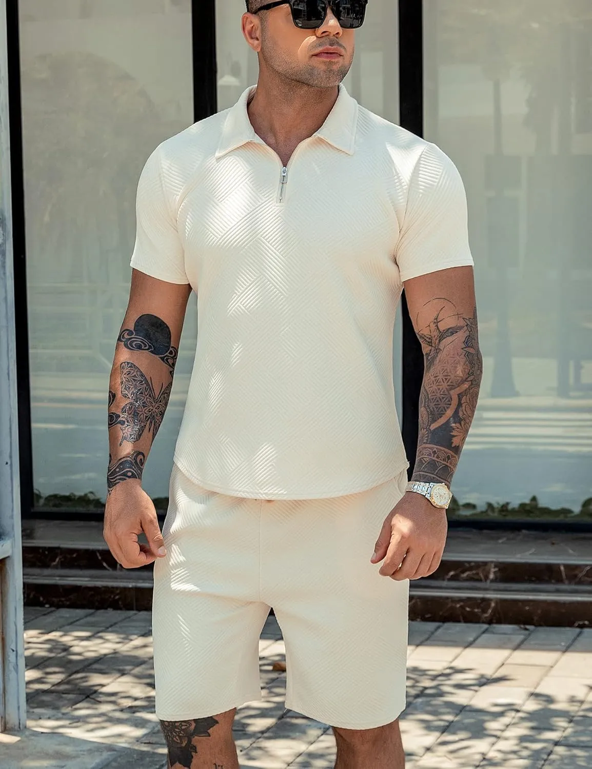 URRU Men's Polo Shirt and Shorts Set Summer Outfits Fashion Casual Short Sleeve Polo Suit for Men 2 Piece Short Set
