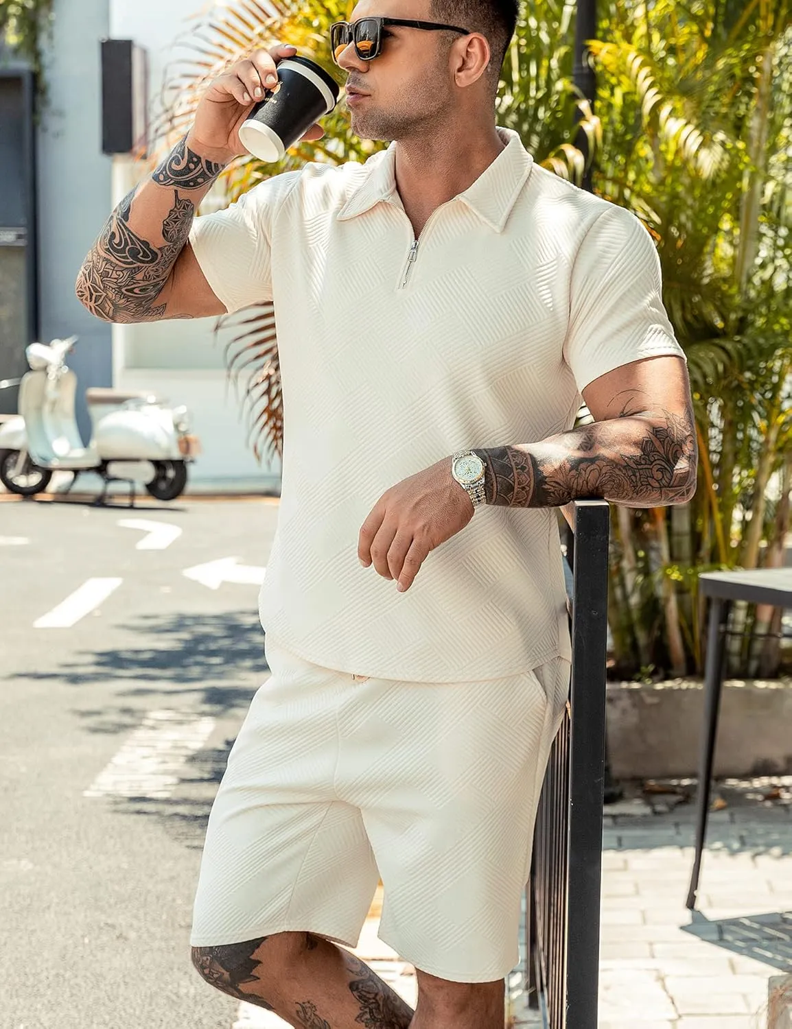 URRU Men's Polo Shirt and Shorts Set Summer Outfits Fashion Casual Short Sleeve Polo Suit for Men 2 Piece Short Set