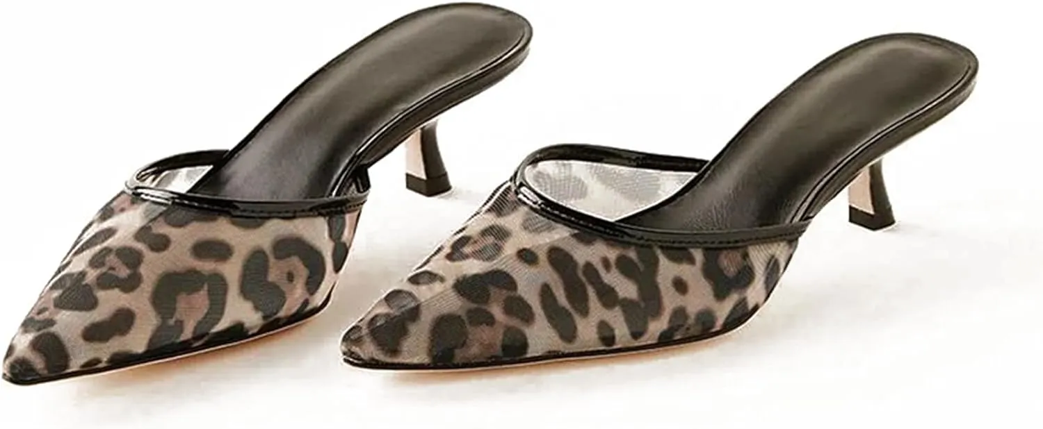 USIMAD Leopard Mesh Mules for Women Pointed Toe Kitten Heels Slip on Backless Dress Pumps Shoes