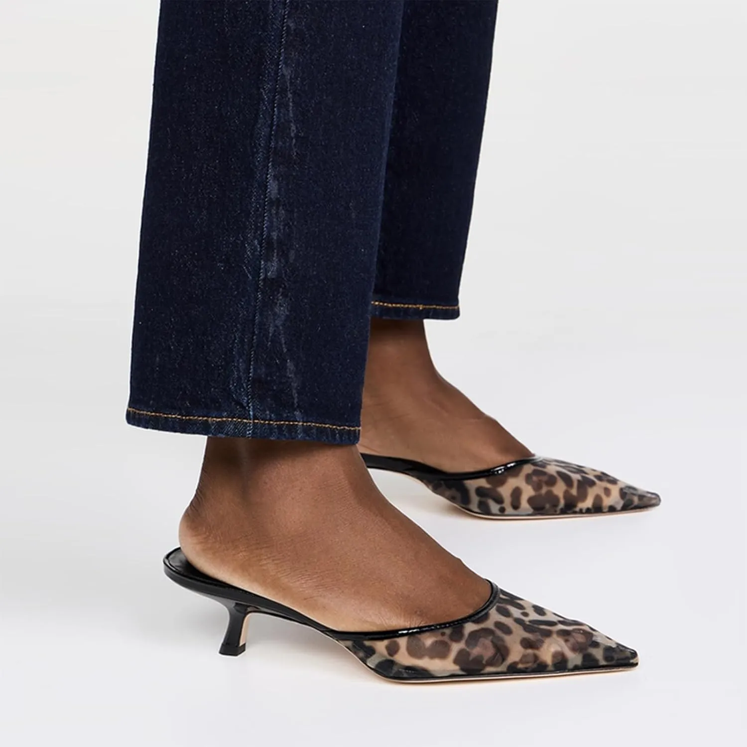 USIMAD Leopard Mesh Mules for Women Pointed Toe Kitten Heels Slip on Backless Dress Pumps Shoes