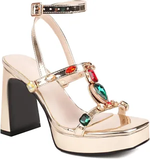 UTIKLIOU Women's Chunk High Heel Pump Sandals Ankle Strap Rhinestone Platform Square Toe Buckle Straps Sandals Block Heels Dress Wedding Party Shoes