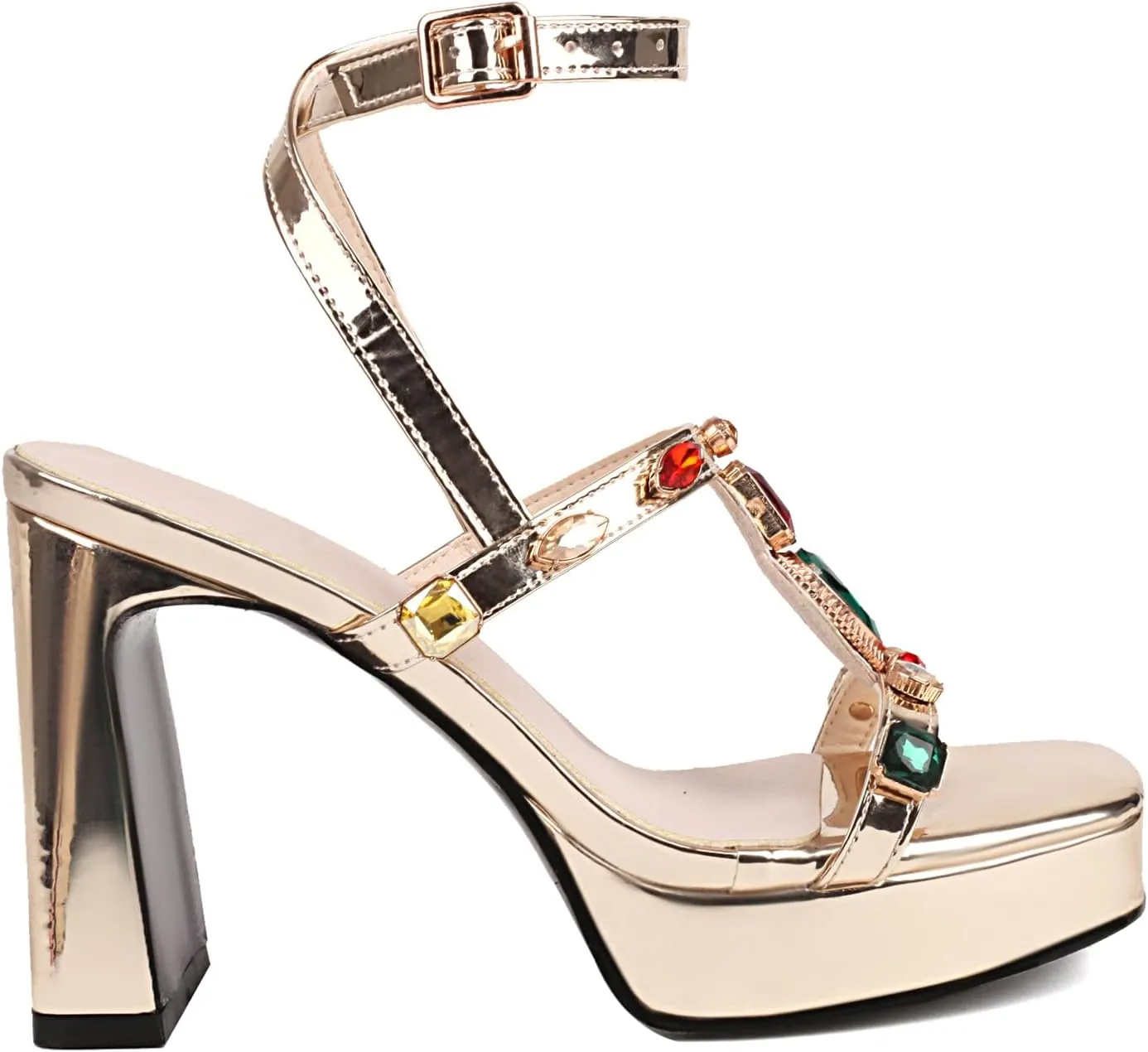 UTIKLIOU Women's Chunk High Heel Pump Sandals Ankle Strap Rhinestone Platform Square Toe Buckle Straps Sandals Block Heels Dress Wedding Party Shoes