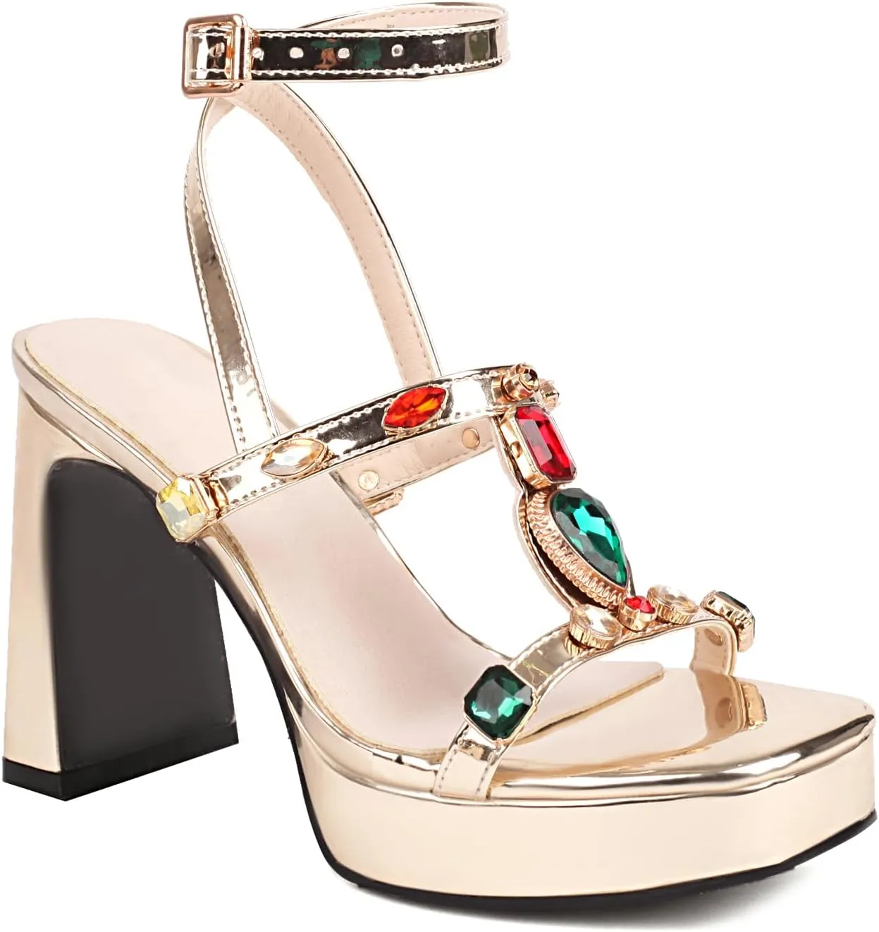 UTIKLIOU Women's Chunk High Heel Pump Sandals Ankle Strap Rhinestone Platform Square Toe Buckle Straps Sandals Block Heels Dress Wedding Party Shoes