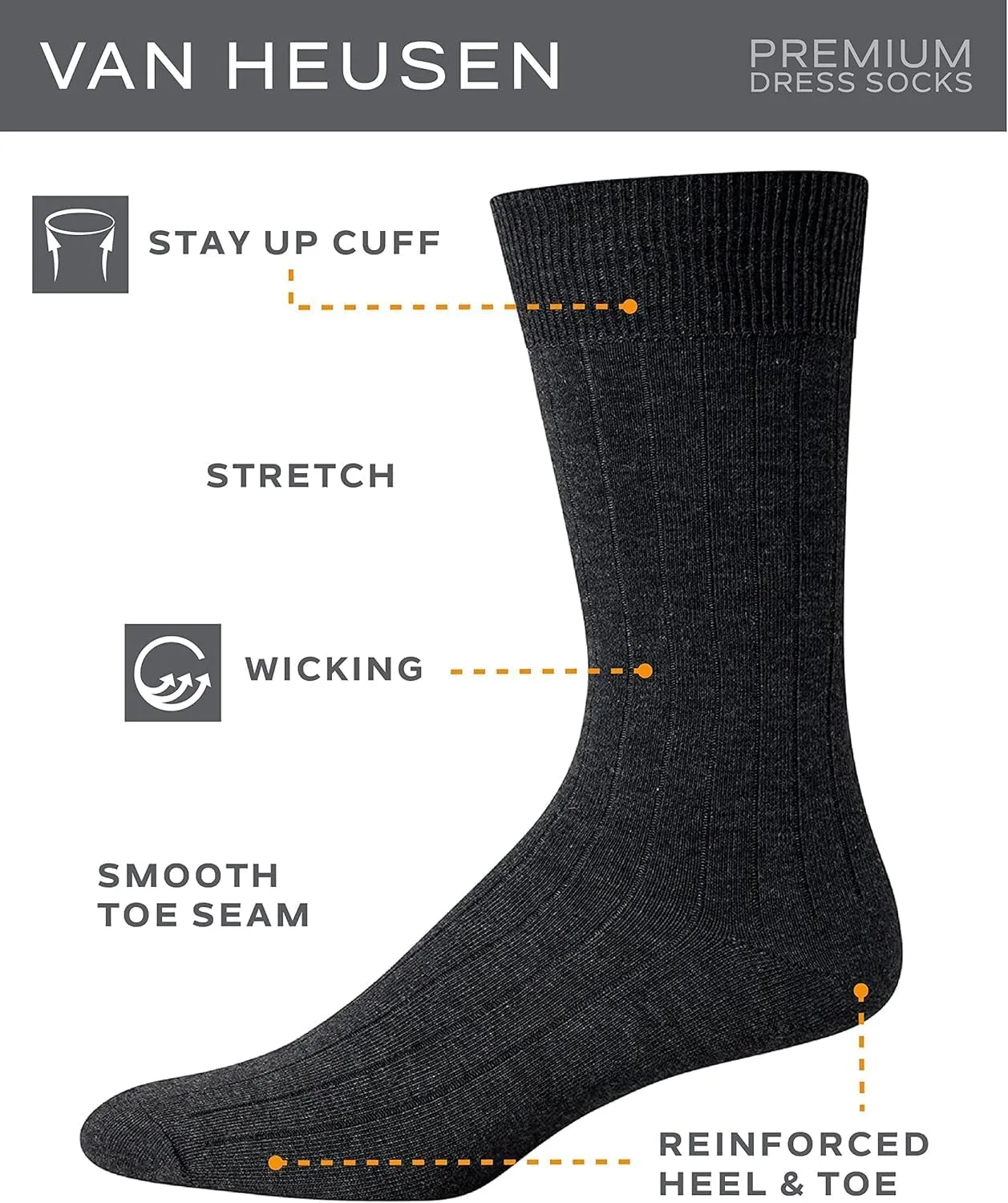 Van Heusen Men's Dress Socks - 7 Pack Premium Stretch Moisture Wicking Crew Socks with Reinforced Heel and Toe (Size: 6-12.5)