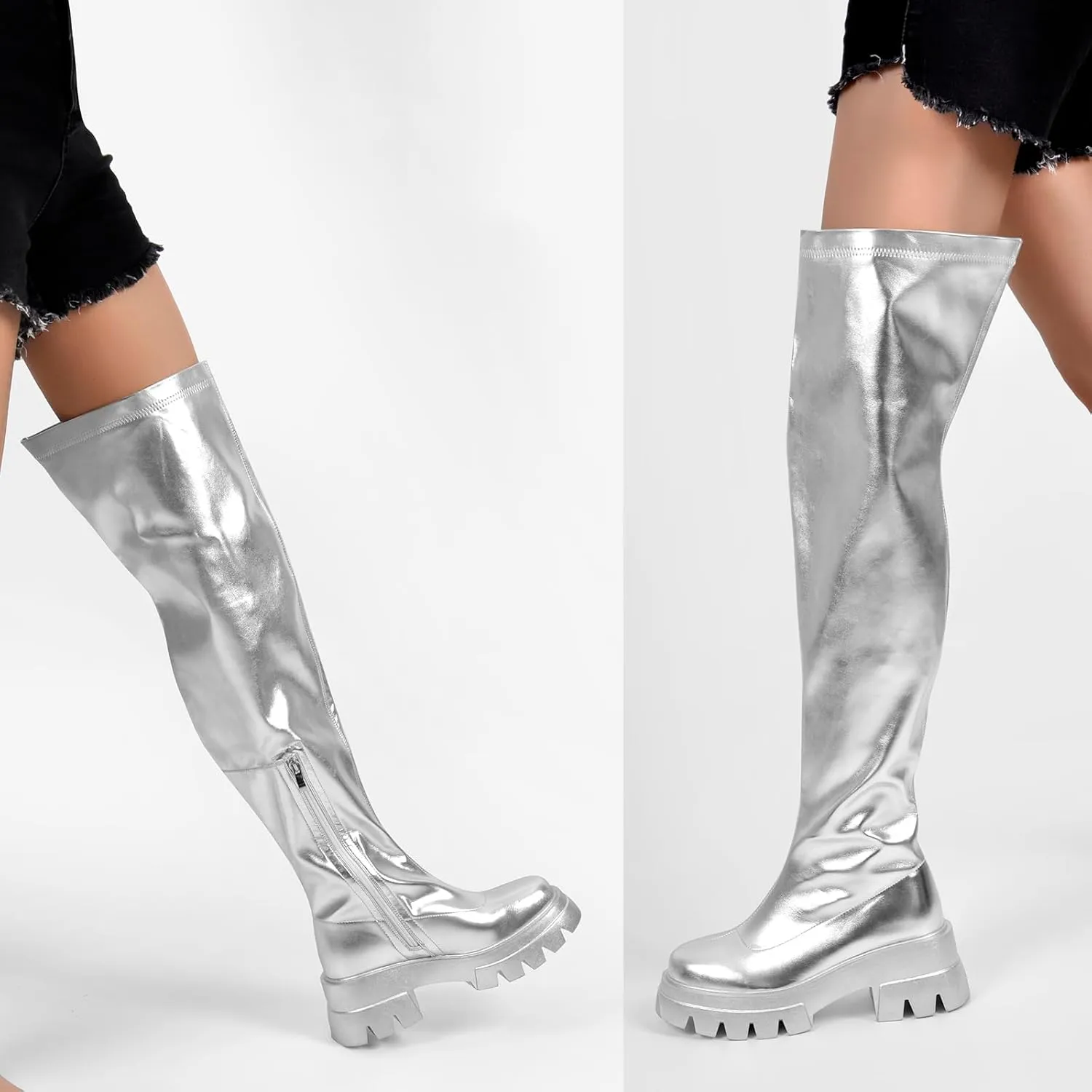 VERISSON Round Toe Low Block Heeled Thigh Boots Zip up Chunky Heels Tread Sole Fashion Booties