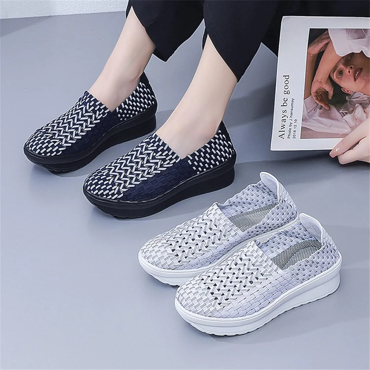 Veroders Women's Platform Wedge Closed-Toe Sandals Comfortable Walking Shoes Woven Pumps Mary Jane Shoes for School Beach