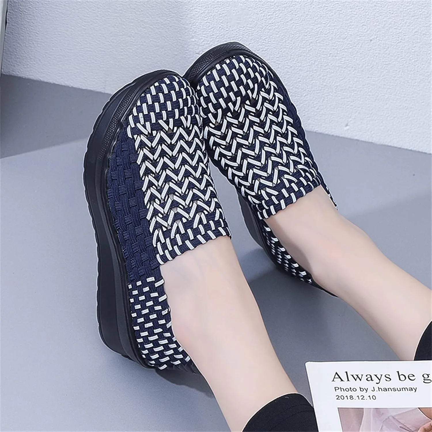 Veroders Women's Platform Wedge Closed-Toe Sandals Comfortable Walking Shoes Woven Pumps Mary Jane Shoes for School Beach