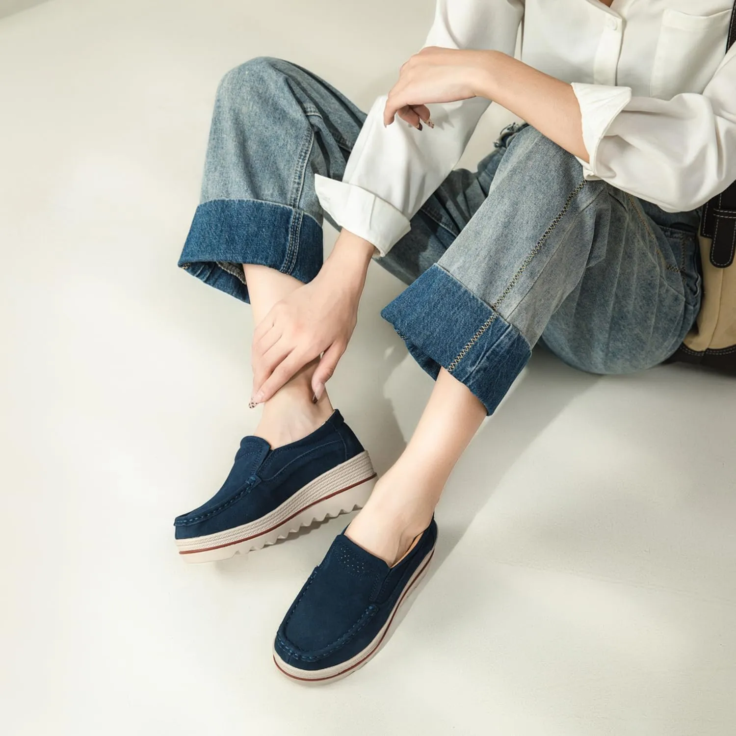 Veroders Women's Suede Wedge Loafers Slip-On Comfortable Penny Loafers Thick Soft Platform Shoes Business Work Walking