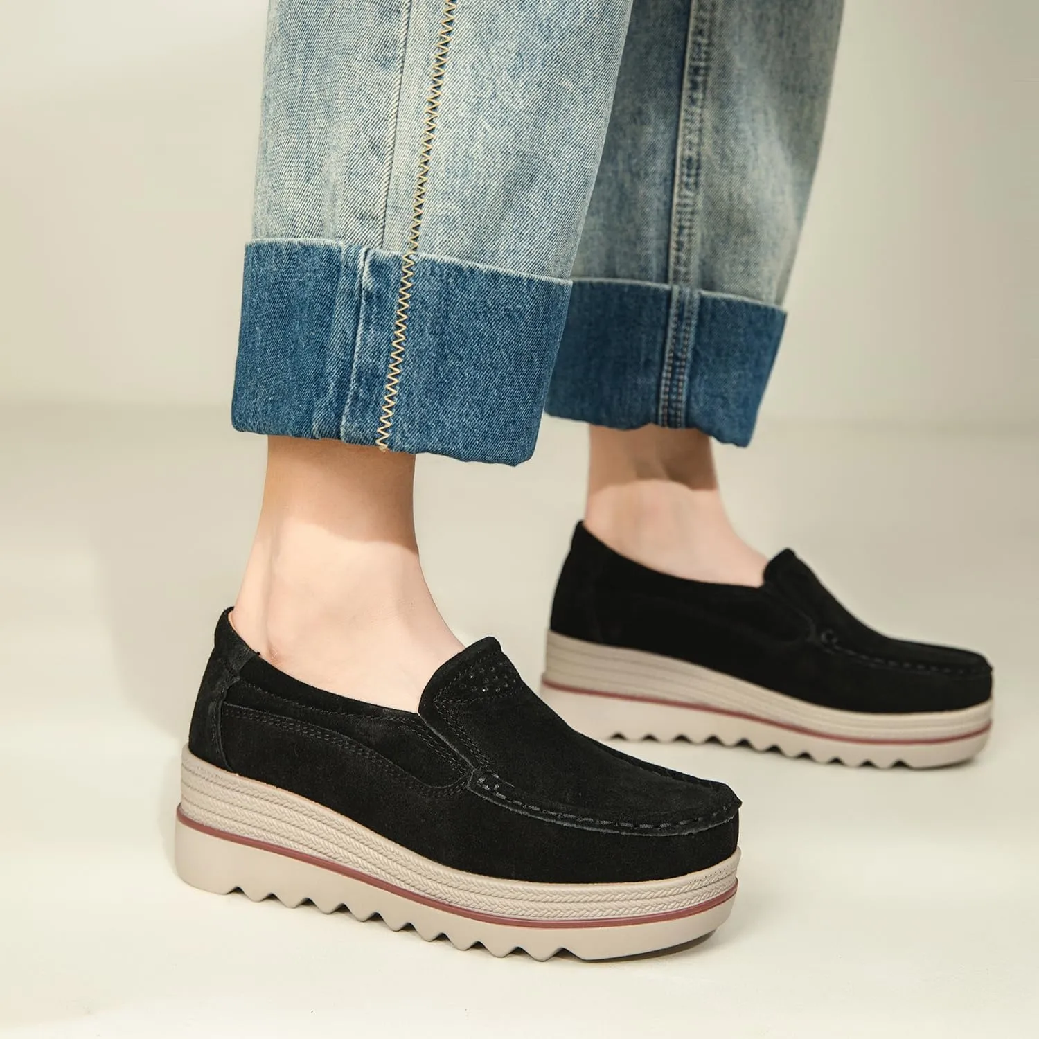 Veroders Women's Suede Wedge Loafers Slip-On Comfortable Penny Loafers Thick Soft Platform Shoes Business Work Walking