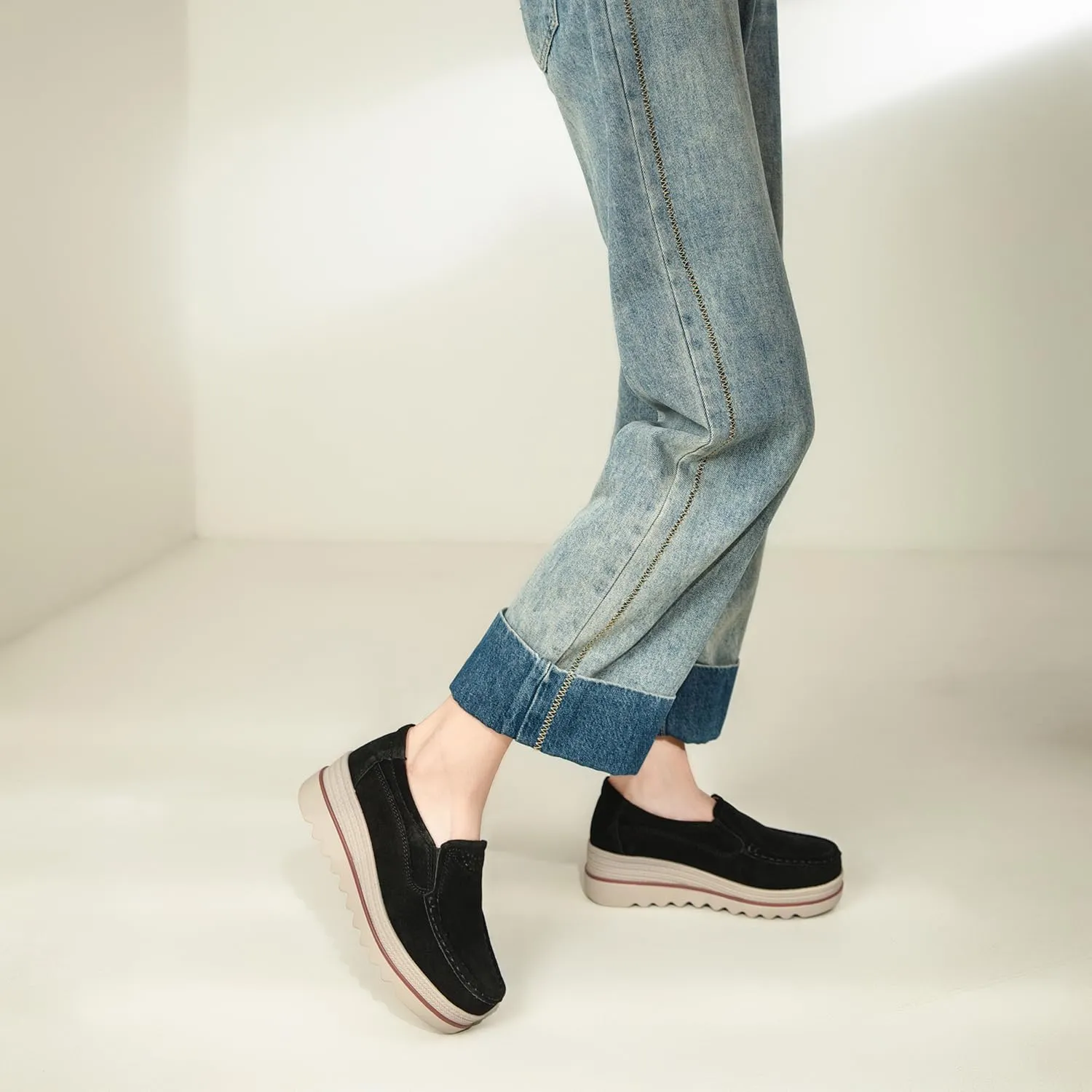 Veroders Women's Suede Wedge Loafers Slip-On Comfortable Penny Loafers Thick Soft Platform Shoes Business Work Walking
