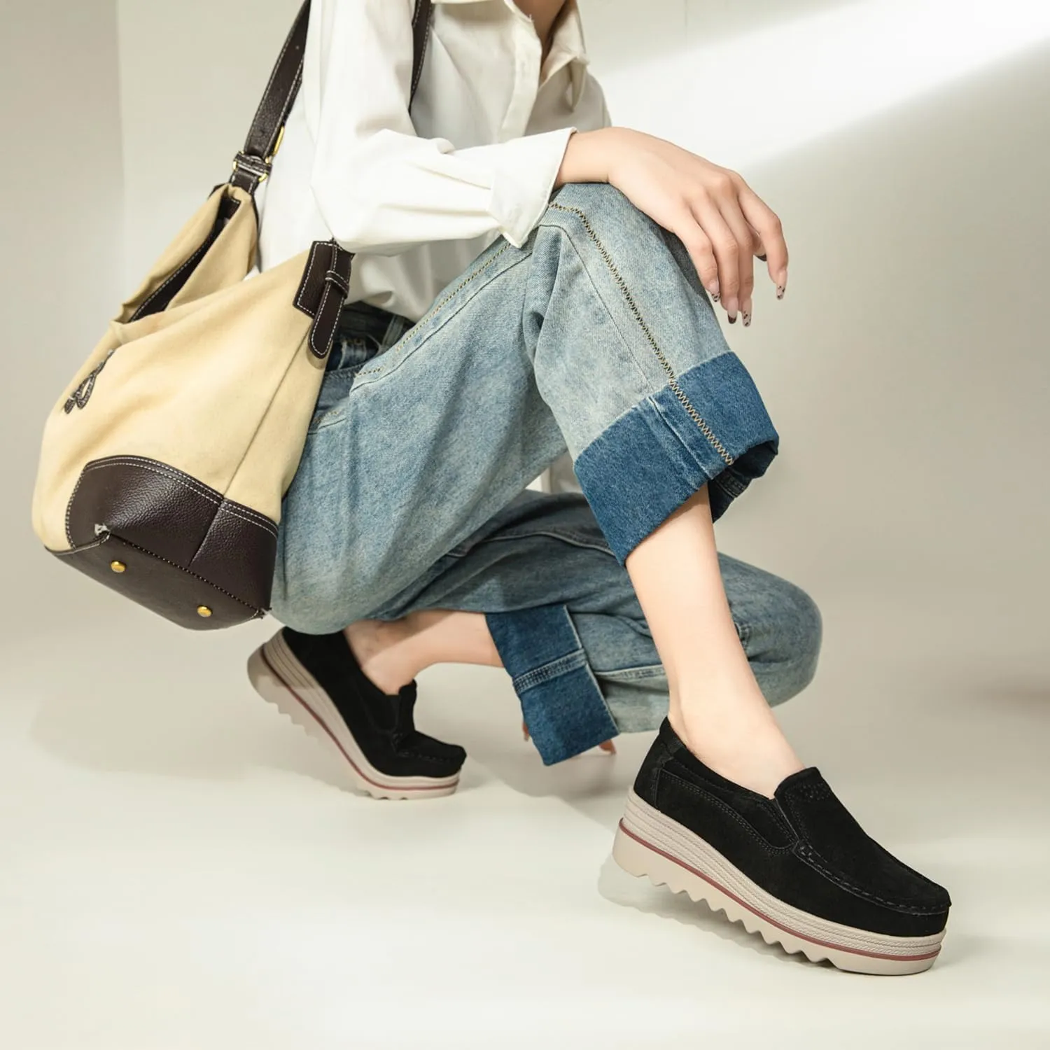 Veroders Women's Suede Wedge Loafers Slip-On Comfortable Penny Loafers Thick Soft Platform Shoes Business Work Walking