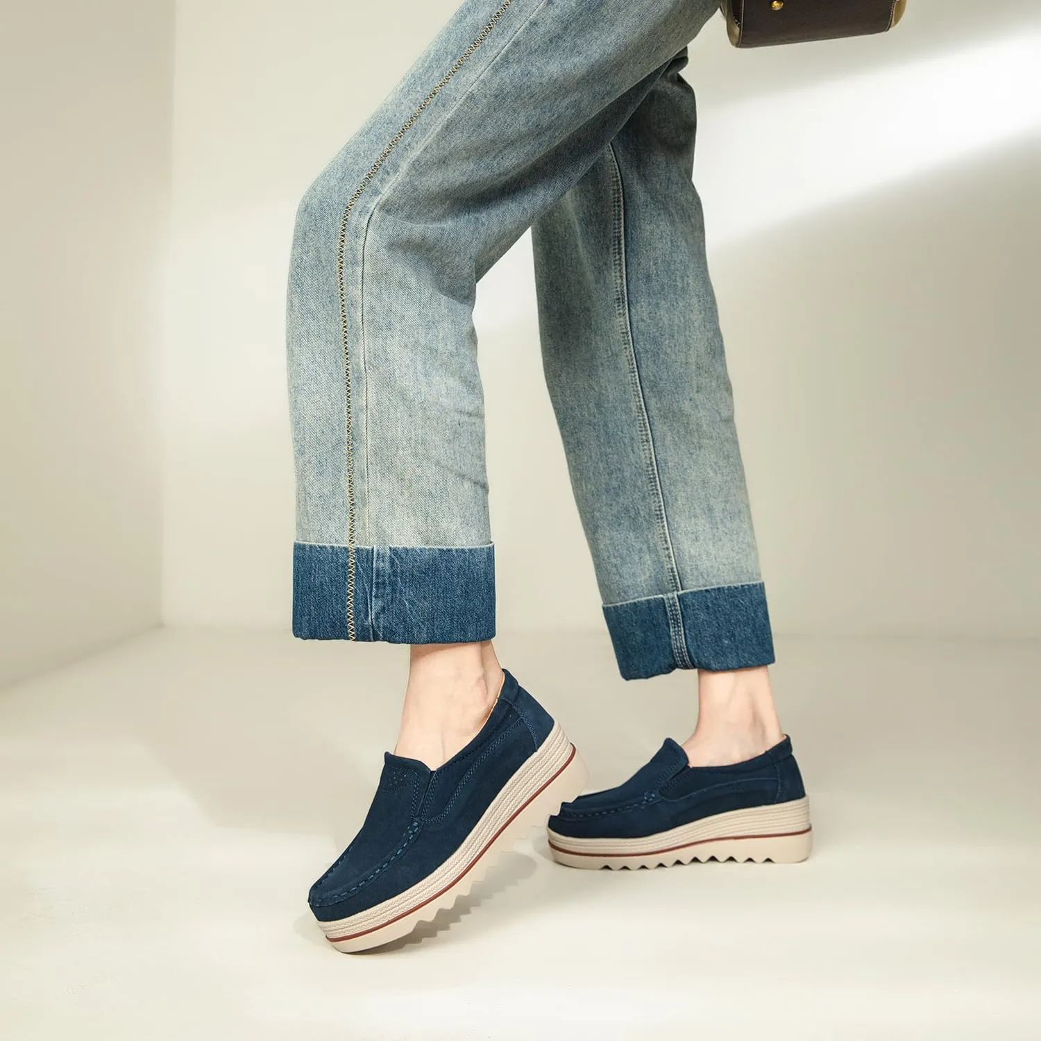 Veroders Women's Suede Wedge Loafers Slip-On Comfortable Penny Loafers Thick Soft Platform Shoes Business Work Walking