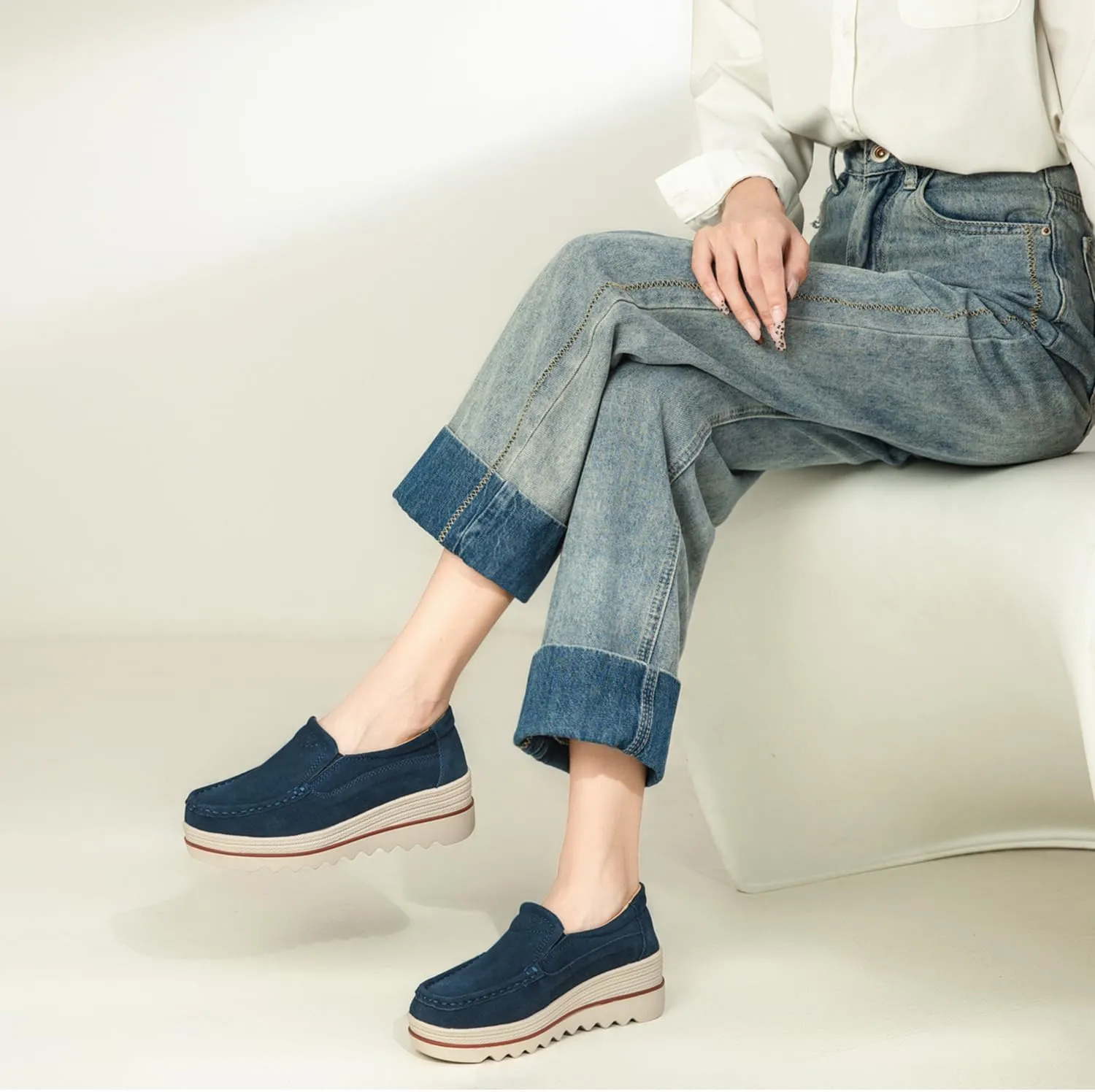Veroders Women's Suede Wedge Loafers Slip-On Comfortable Penny Loafers Thick Soft Platform Shoes Business Work Walking