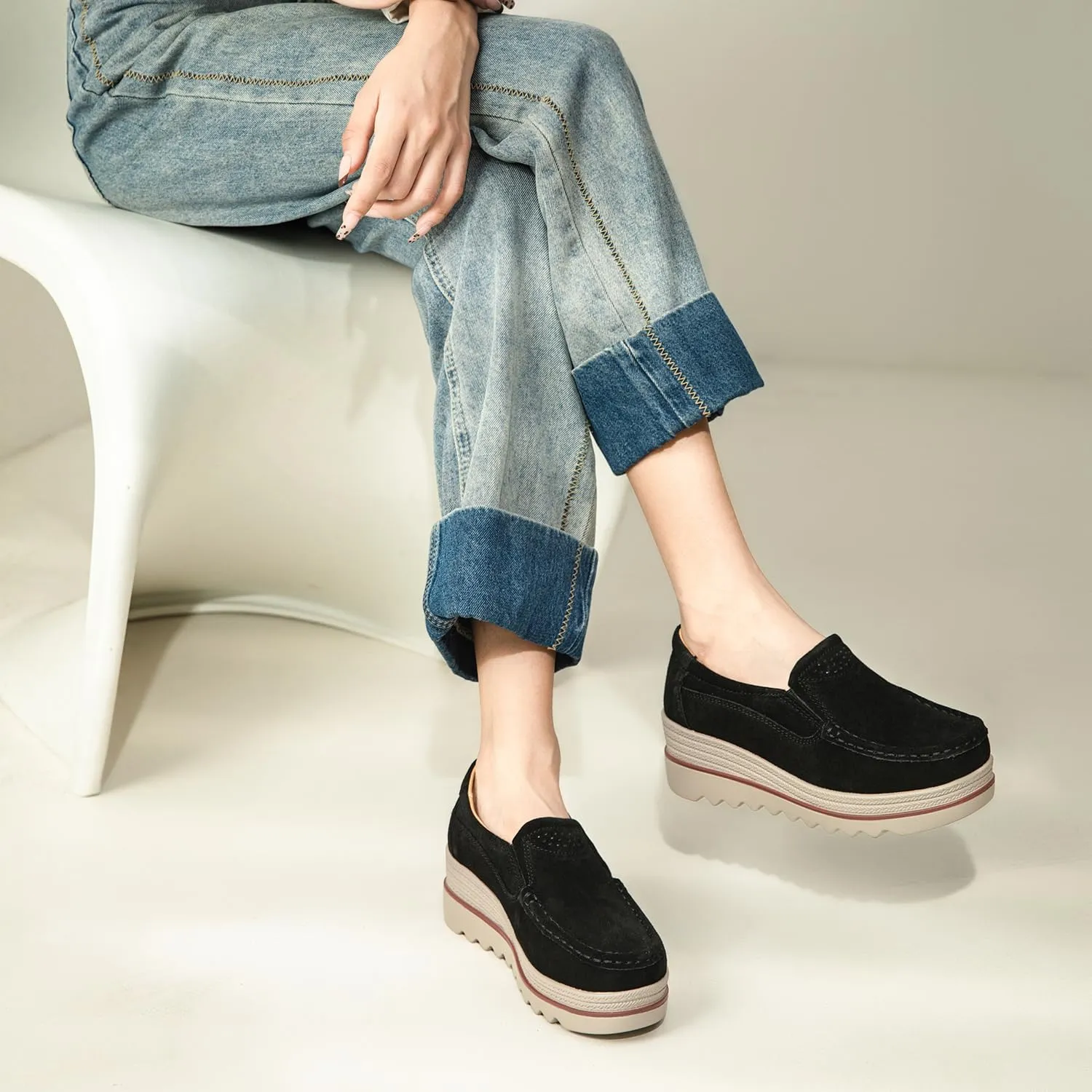 Veroders Women's Suede Wedge Loafers Slip-On Comfortable Penny Loafers Thick Soft Platform Shoes Business Work Walking